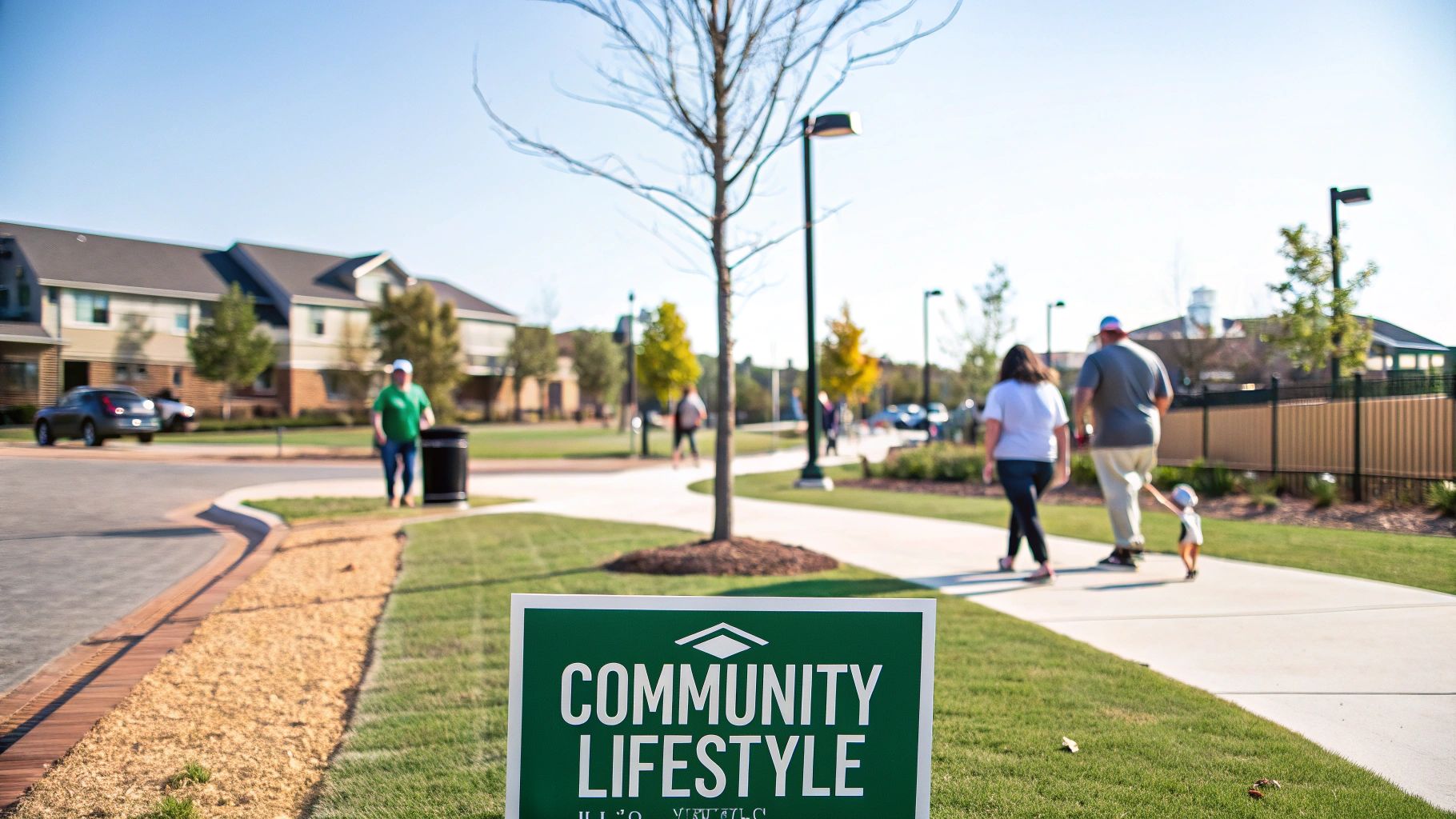 Community lifestyle sign in a new residential development with people walking on a sunny day.