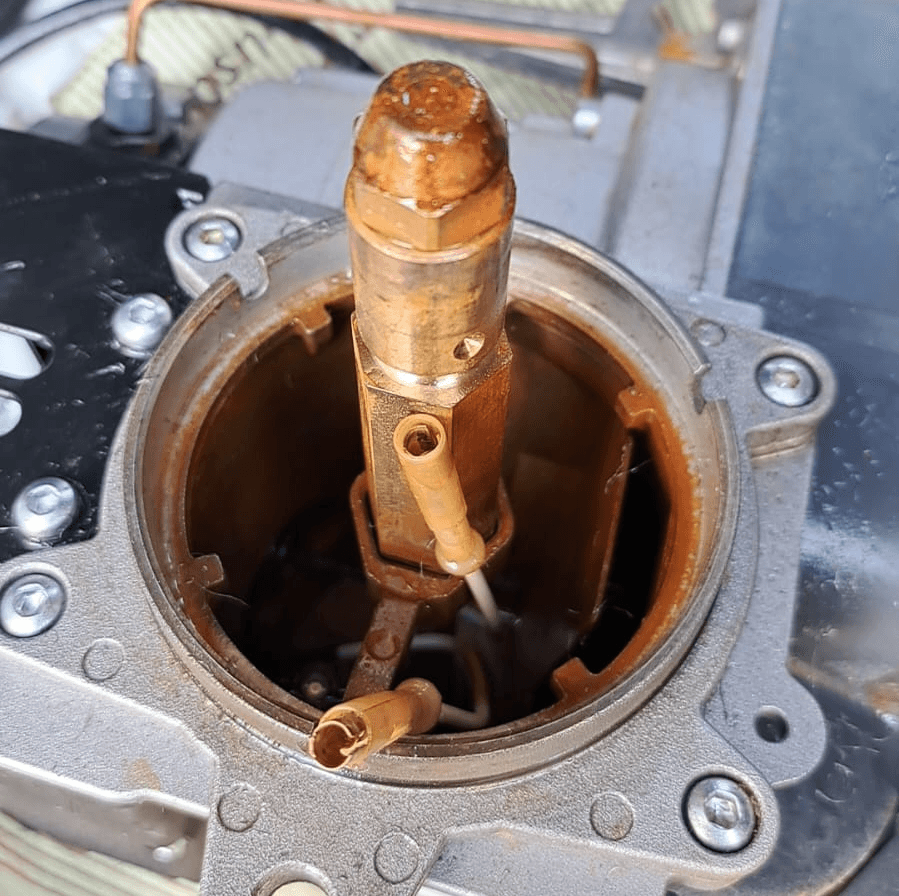 Close-up of old electronic wiring and components.