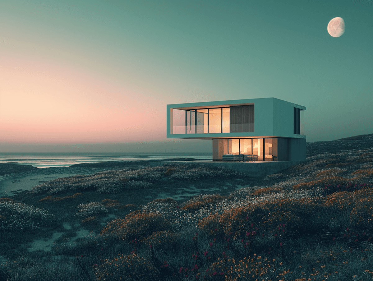 Modern coastal home beneath the moonlight surrounded by wildflowers