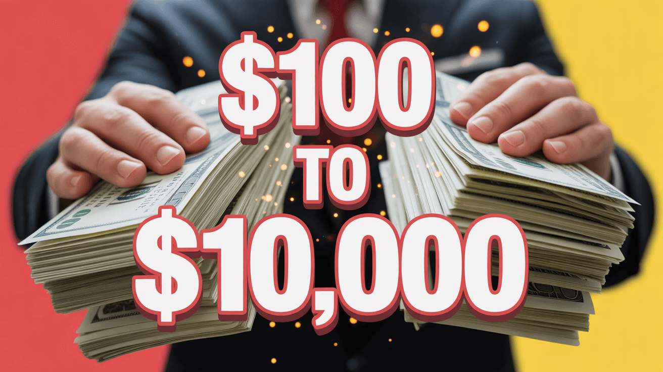 Hands fanning thick stacks of cash with $100 TO $10,000 caption