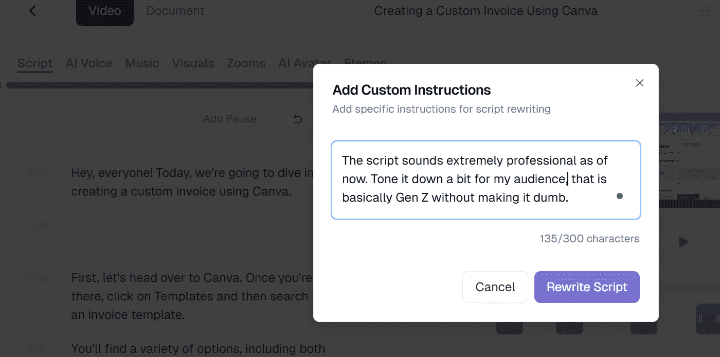 Refine your scripts with custom instructions using Trupeer