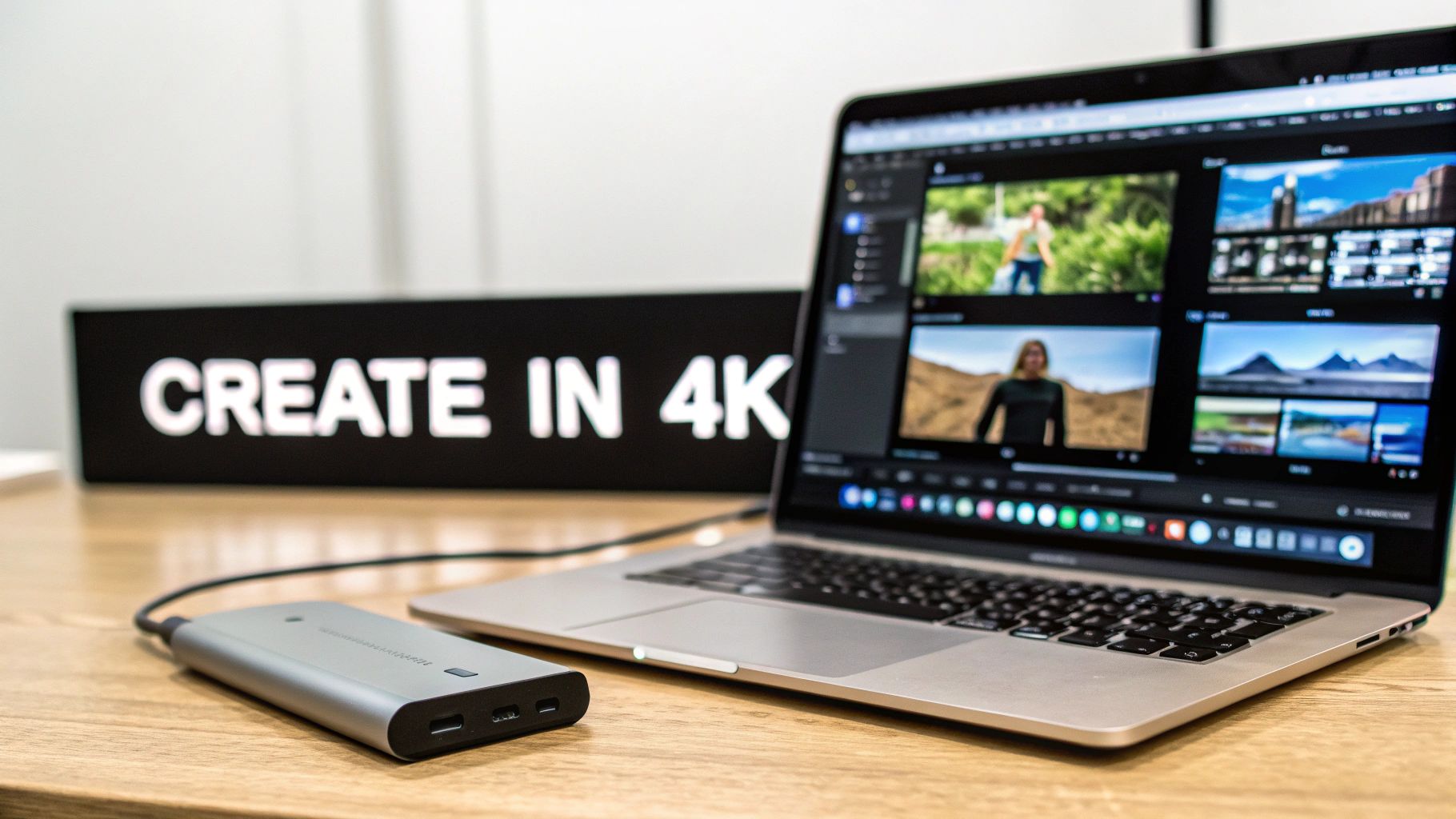 A person editing a 4K video on a Mac, with colorful timelines and clips on the screen