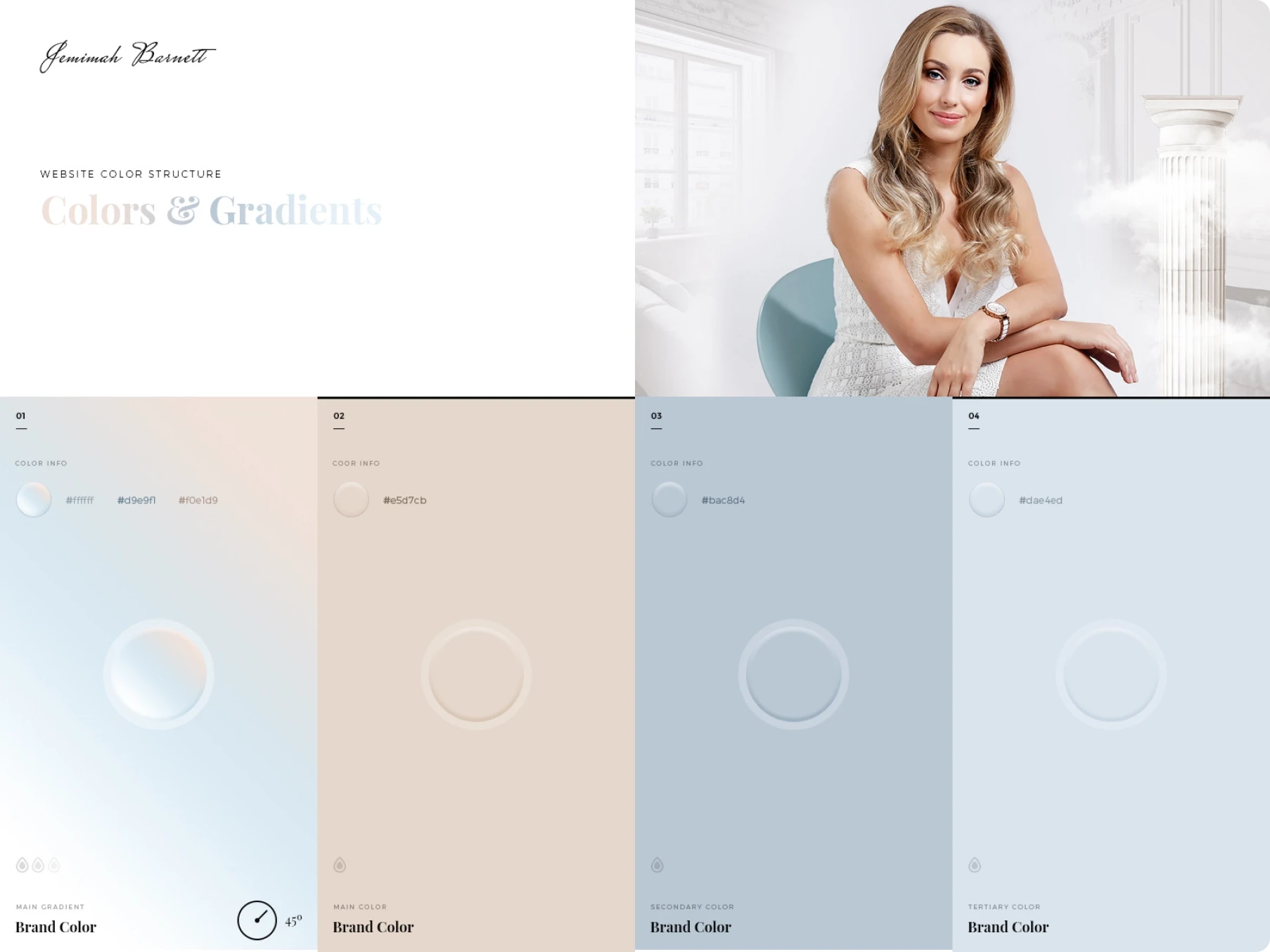 Elegant brand moodboard with a smiling woman in a bright interior, “Colors & Gradients” title, and four soft pastel palette swatches.
