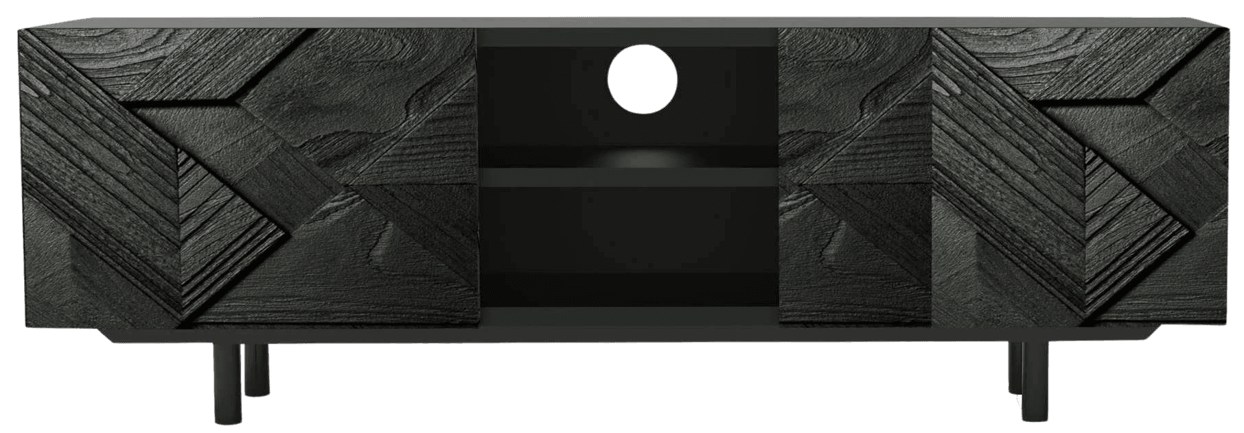 Black wooden TV unit with geometric textured door panels