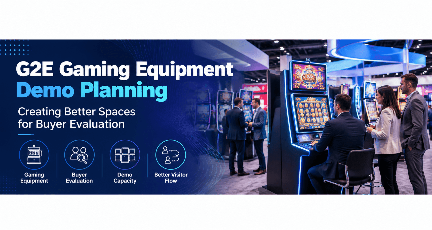 G2E gaming equipment demo planning with gaming cabinets and buyer evaluation space