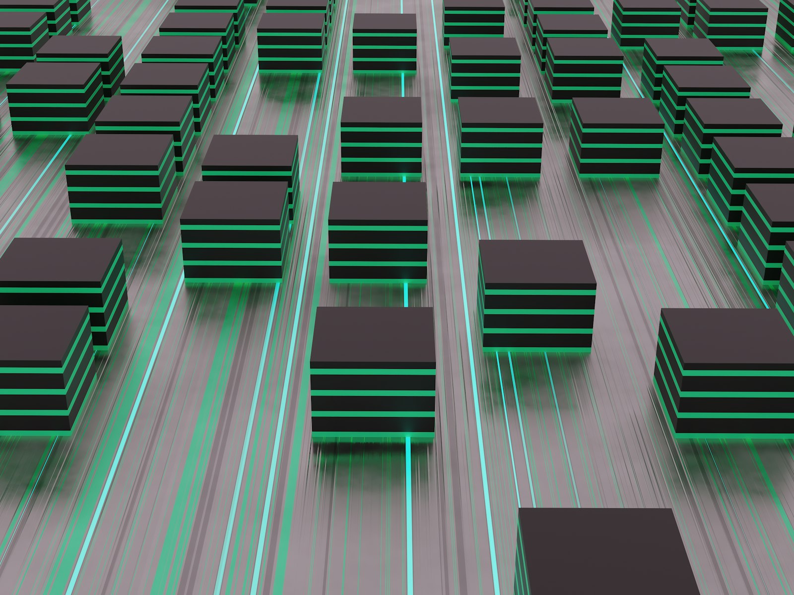 Rows of dark stacked blocks connected by glowing green lines
