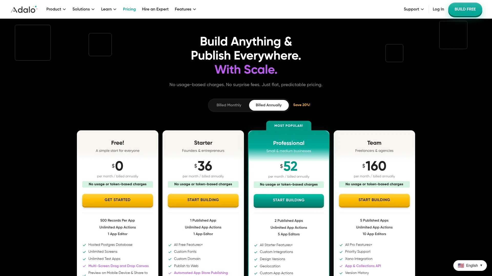 Adalo 2026 pricing page showing Free, Starter, Professional and Team plans with unlimited App Actions