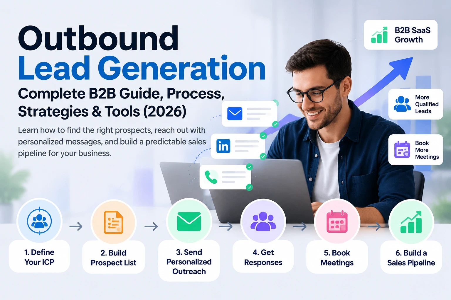 Outbound lead generation B2B guide showing the process of finding prospects, personalized outreach, booking meetings, and building a sales pipeline in 2026