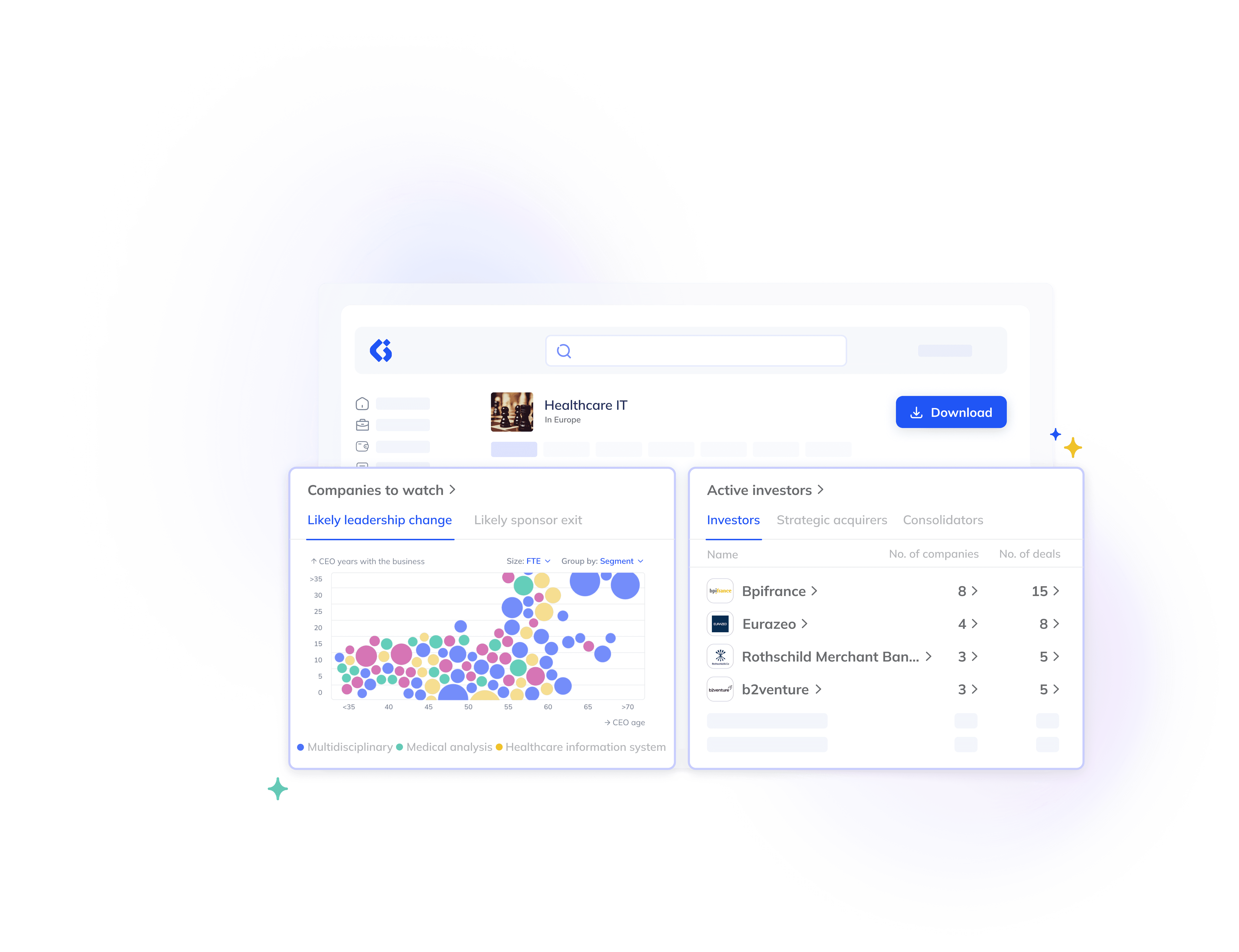 A digital dashboard displays a scatter plot labeled "Companies to watch" and a list of "Active investors" with company names and statistics.