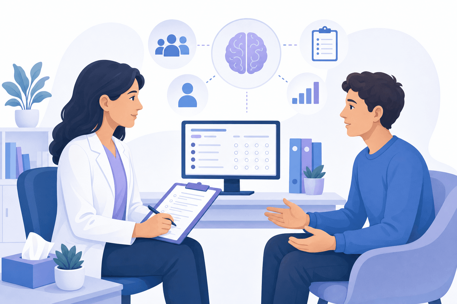 A clean, modern illustration showing an ADHD diagnostic evaluation process: a calm, professional healthcare setting with a clinician and patient having a conversation, clipboard with assessment forms, a computer screen showing rating scales or questionnaire interface, and subtle visual elements suggesting a structured clinical interview. Use a calming blue and purple color palette with soft gradients, minimal style, professional healthcare aesthetic, white background. No text or letters visible anywhere in the image.