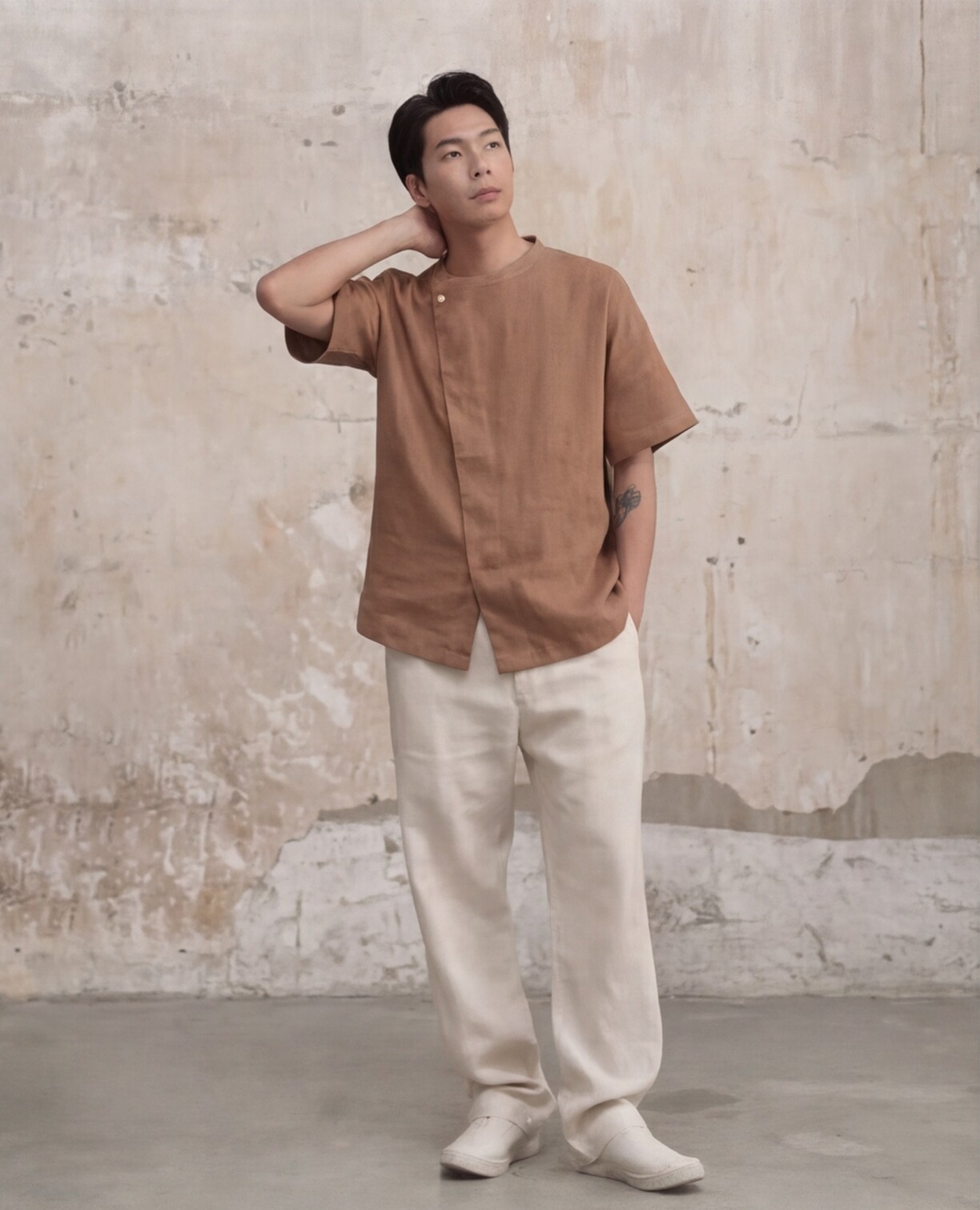 Rust Linen Shirt with Cream Relaxed Trousers