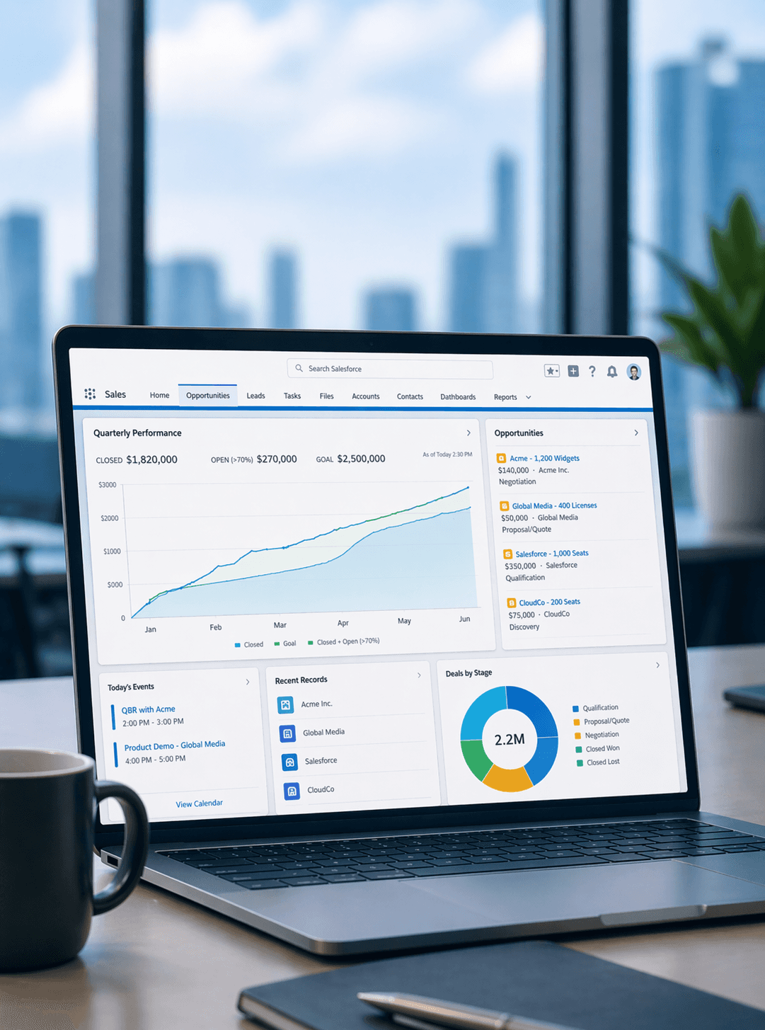 Modern living room with abstract art, beige sectional sofa, indoor plants, and large windows.