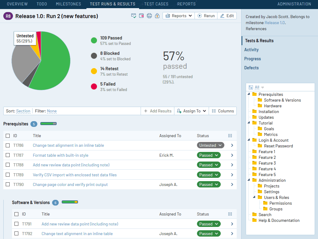 When managing large-scale test scenarios, TestRail stands out as one of the most comprehensive test case management tools available. 