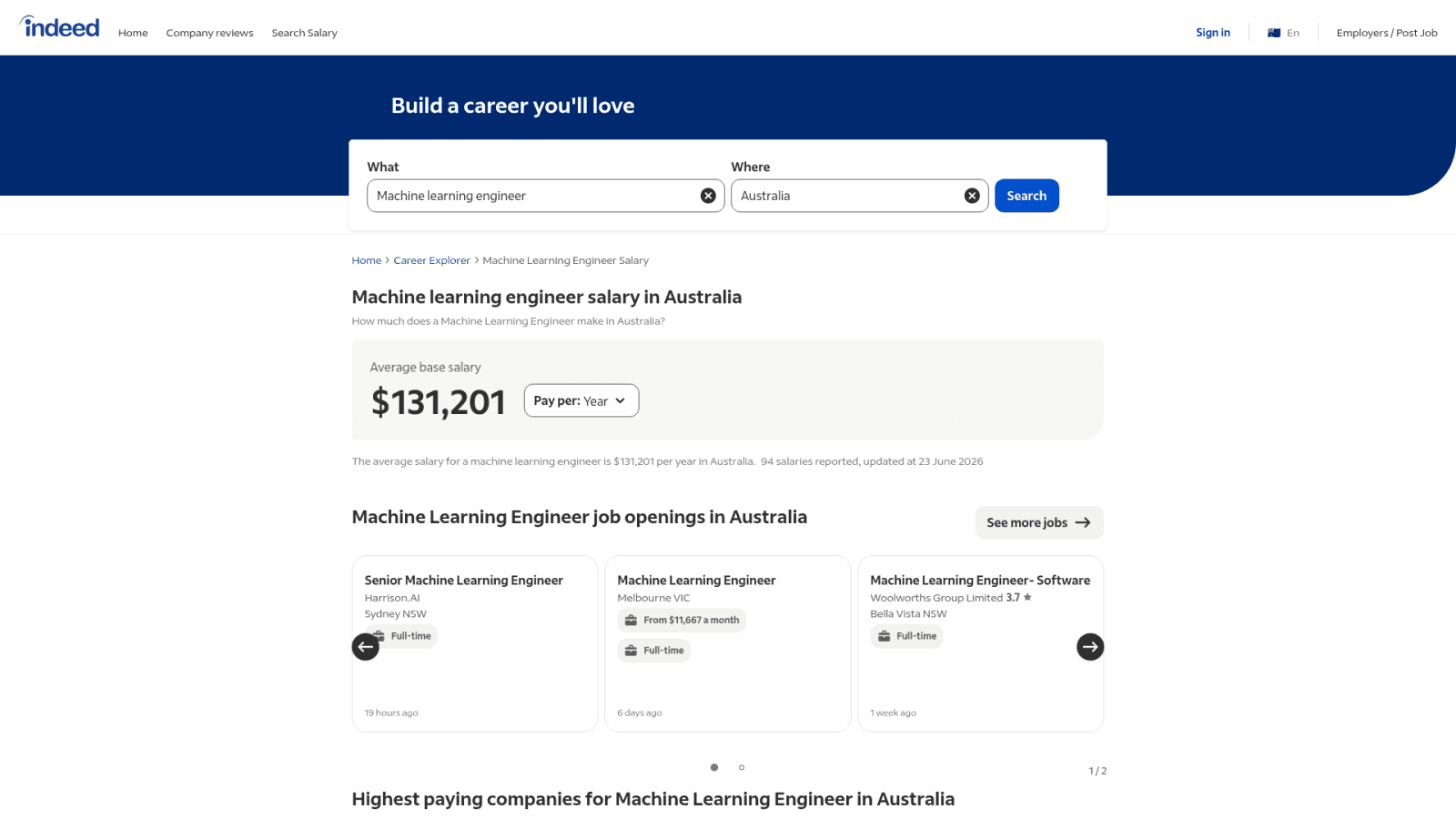 Indeed Australia ML engineer salary data