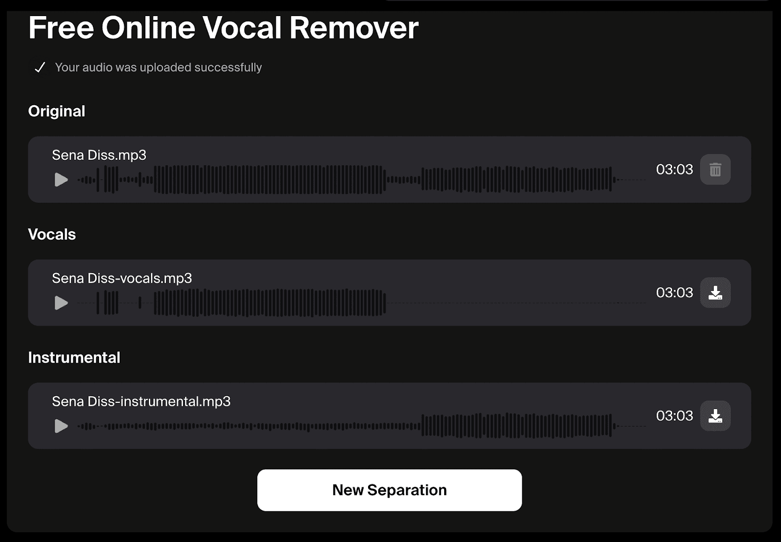 Voice AI's vocal separation tool.