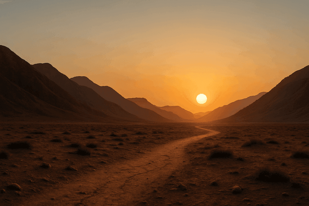 A desert path leading toward the sunrise between two mountains, glowing in warm golden light.