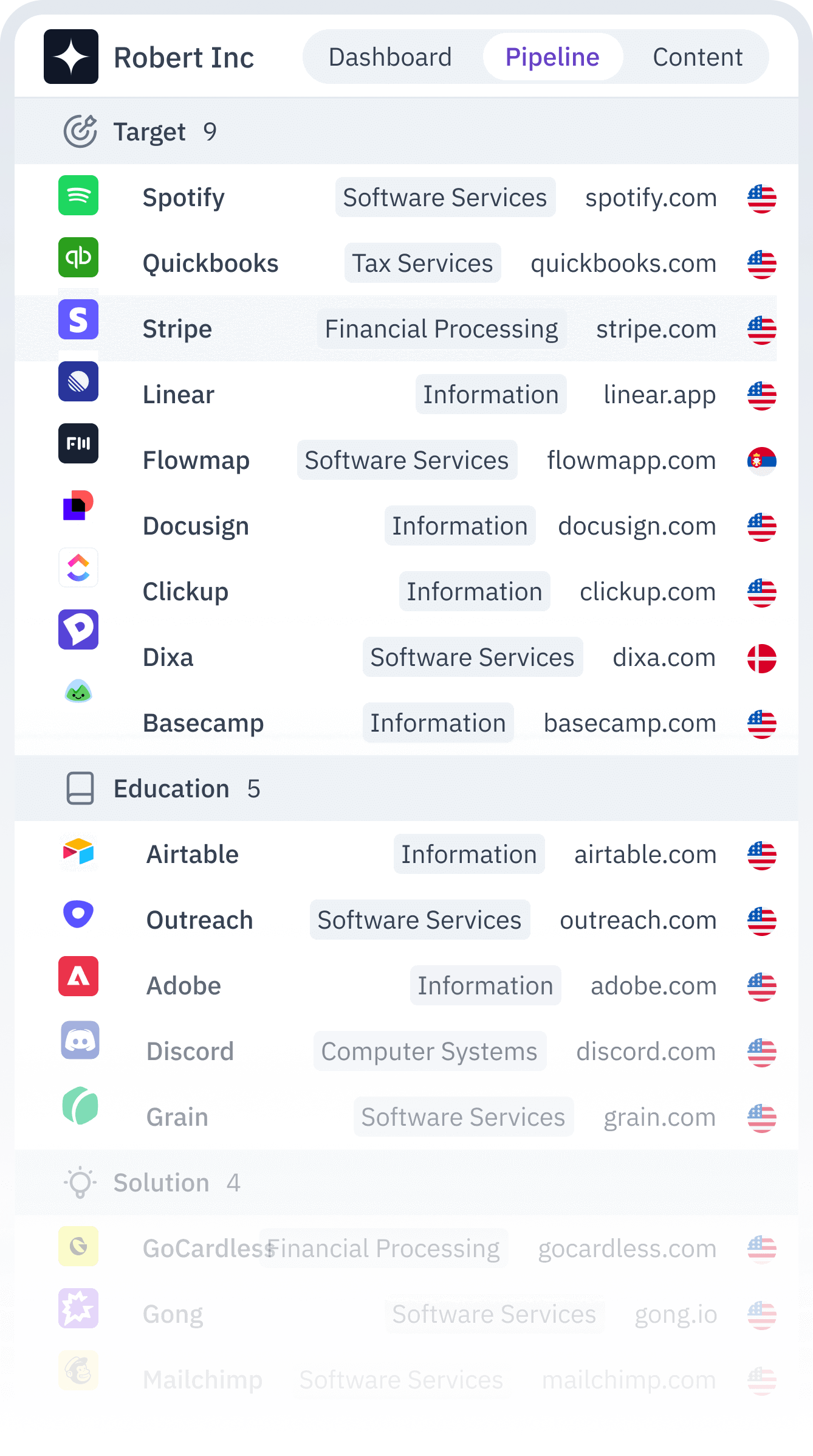 Screenshot from CustomerOS. It shows 2 users collaborating on a sales brief for the Stripe account, alongside a list of leads grouped by their stage in the buying pipeline, Target, Education, Solution, Evaluation and Ready to buy.