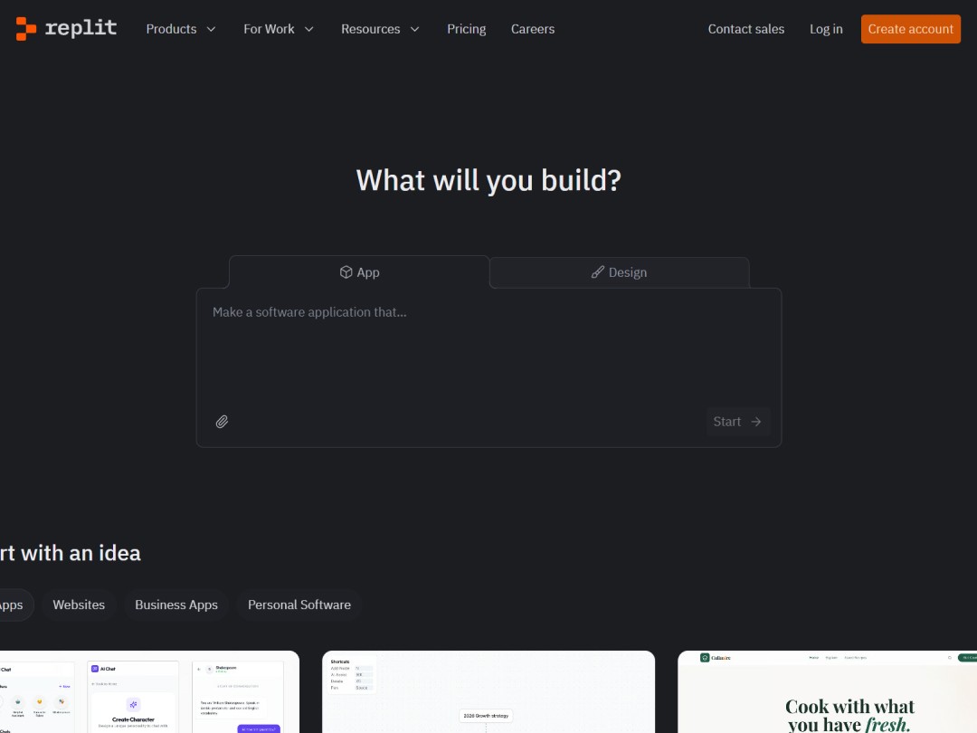 Replit website hero section with with 2 input fields as tabs, one tab for app and the other tab for design