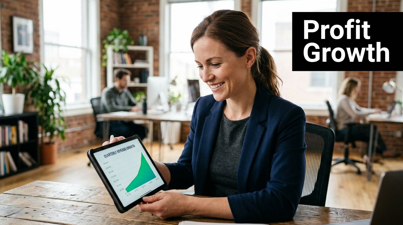 A professional business woman holding a digital tablet displaying a rising revenue chart in a modern office.
