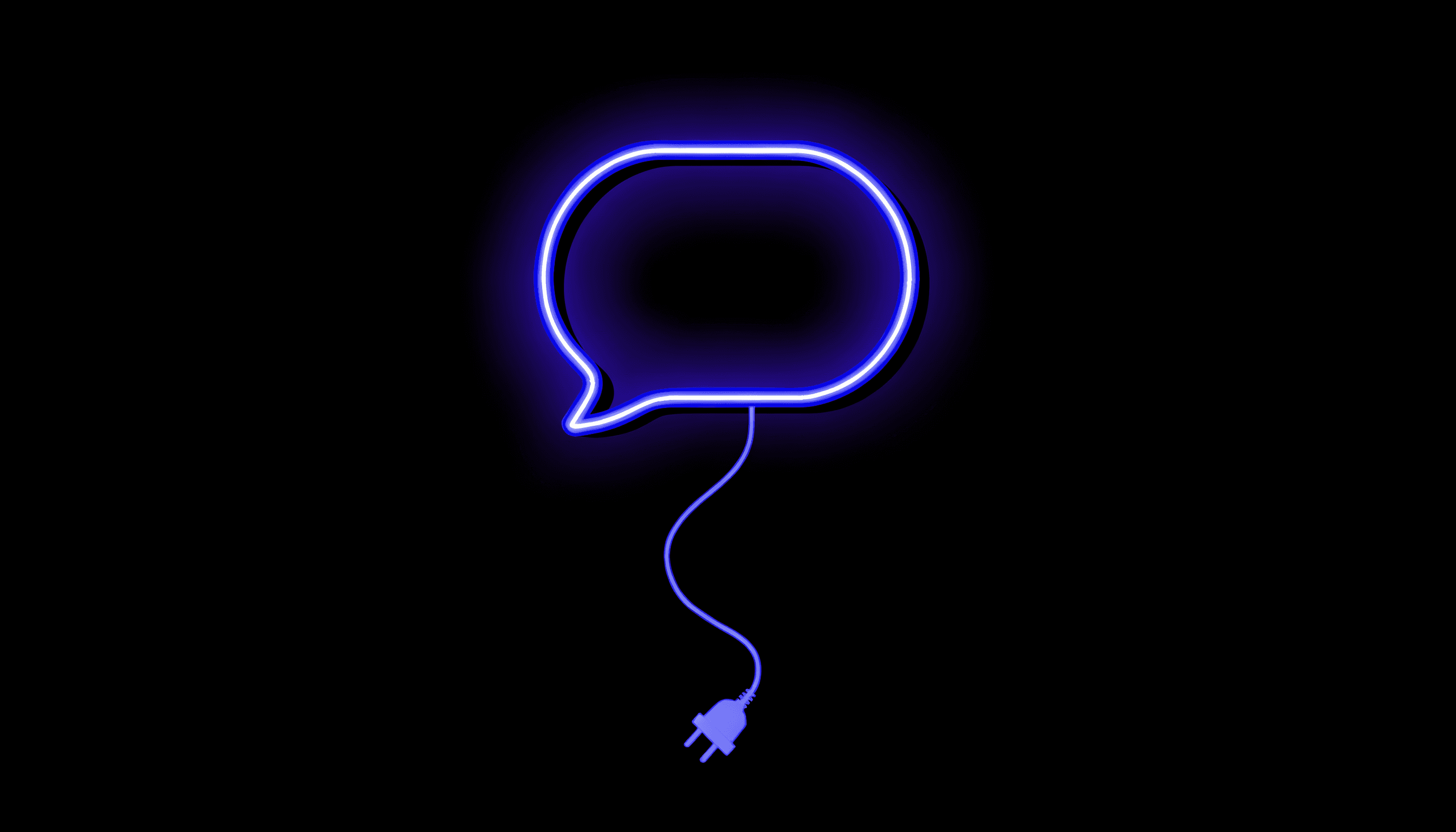 A glowing chat speech bubble with a power cord and plug trailing from it