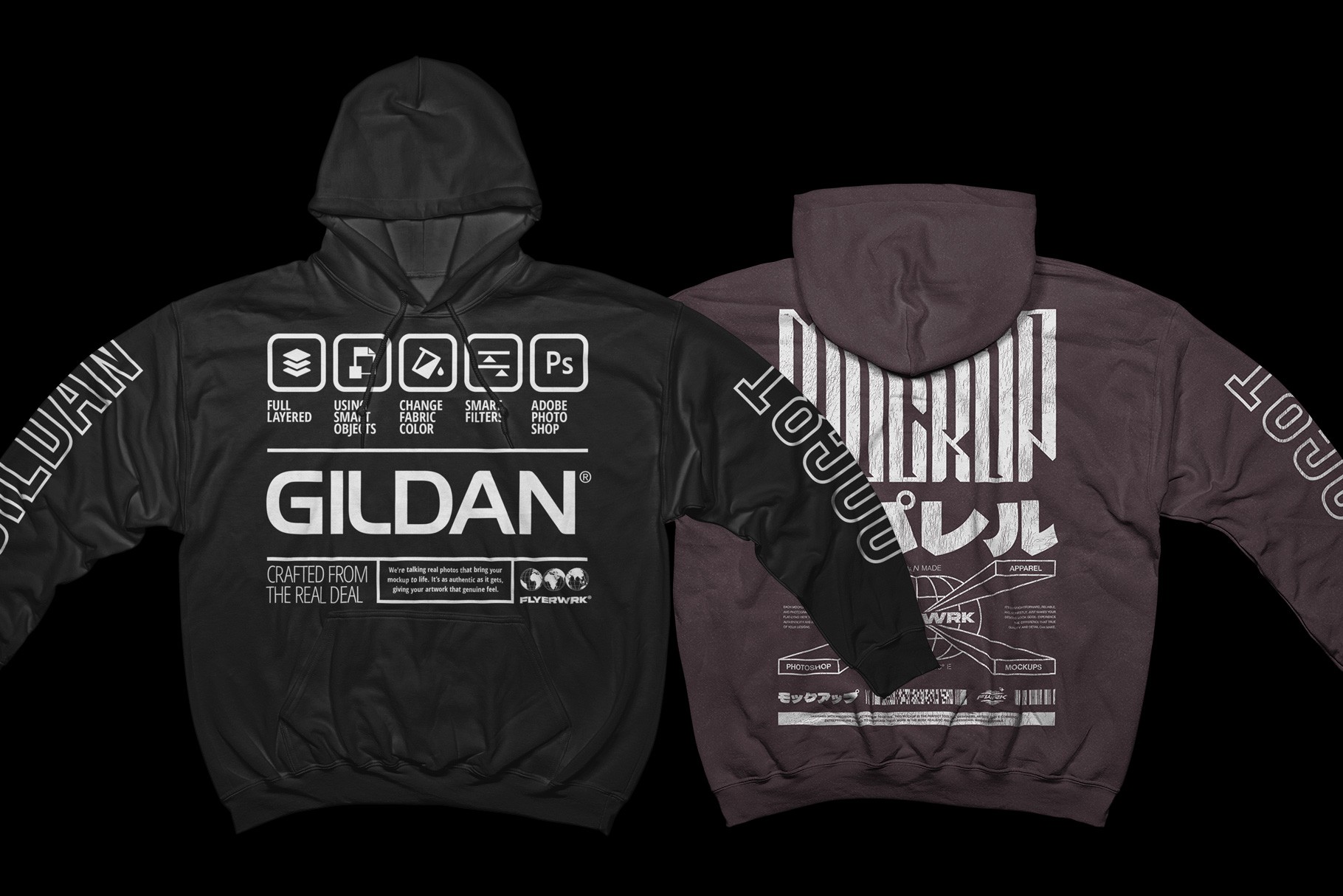 Gildan 18500 Hoodie Wide Arms mockup front and back view with customizable design