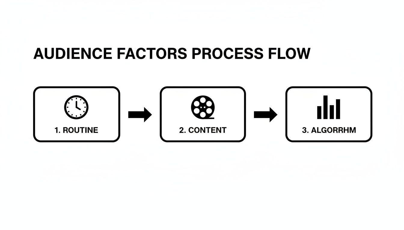 A diagram illustrating the Audience Factors Process Flow: Routine, Content, and Algorithm.