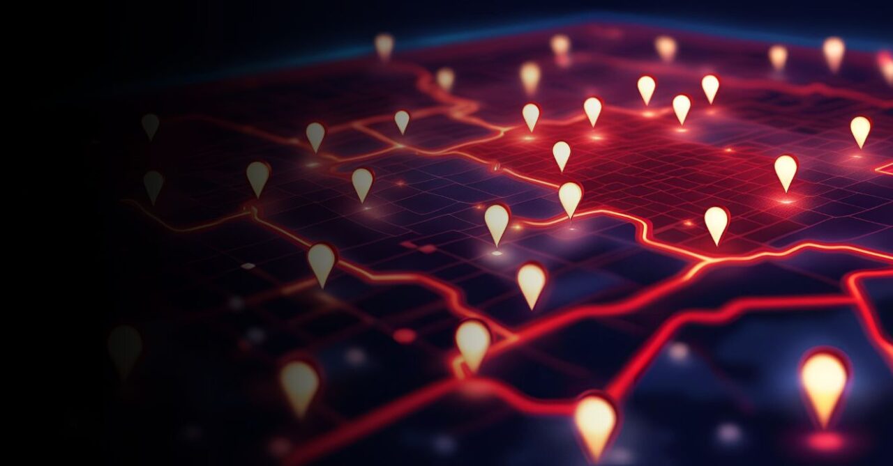 Digital map with glowing location pins and neon grid lines