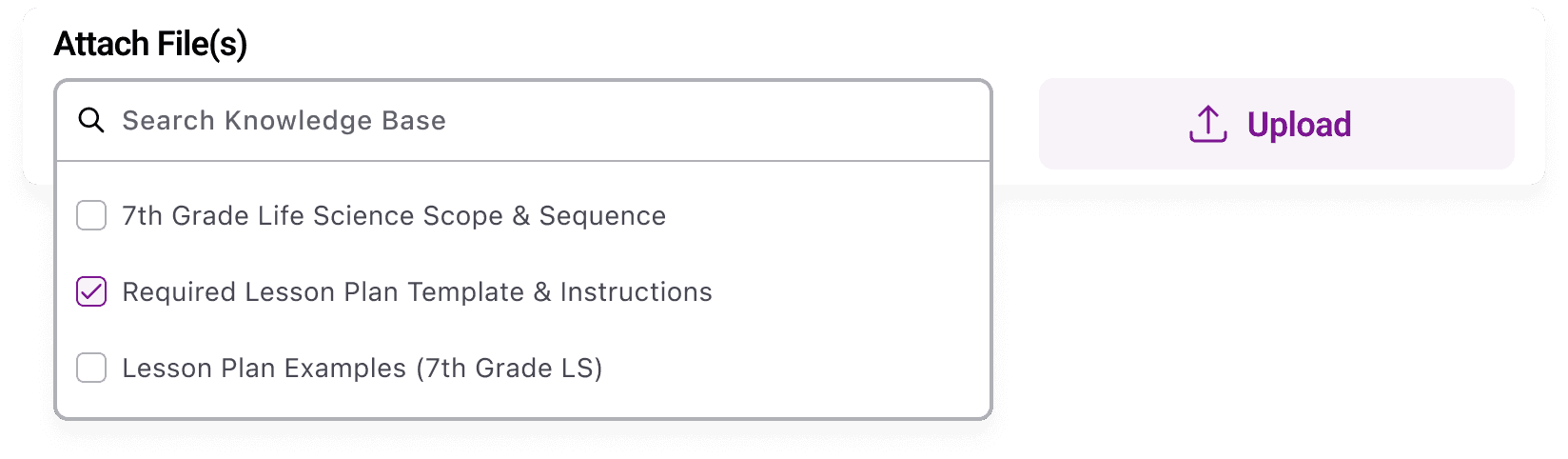 A screenshot of a digital interface showing a search bar with the words "Search Knowledge Base" and a list of files, including "Required Lesson Plan Template & Instructions," with an upload button on the right side.