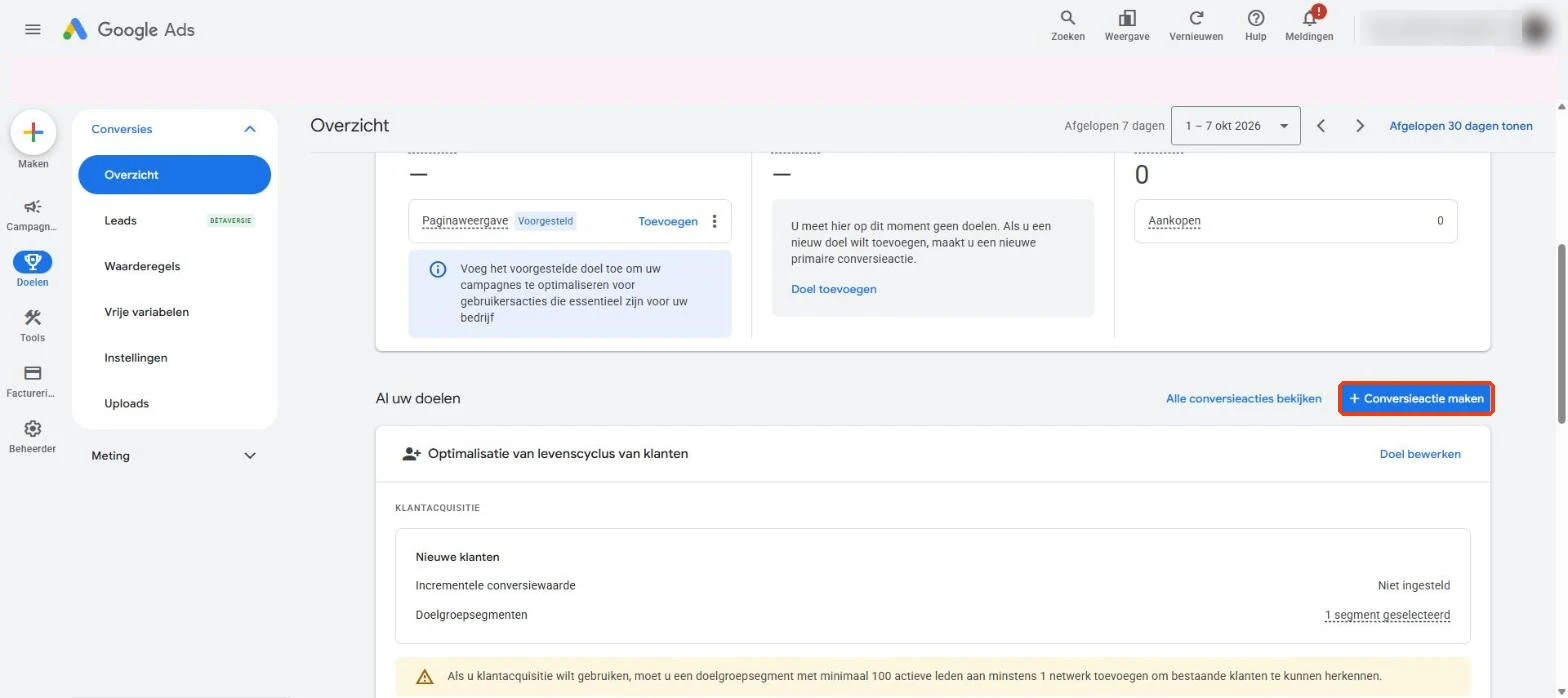 Google Ads: de knop Conversieactie maken