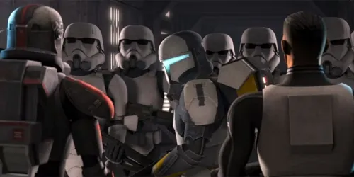 A Delta squad trooper with a glowing visor walking past a group of stormtroopers