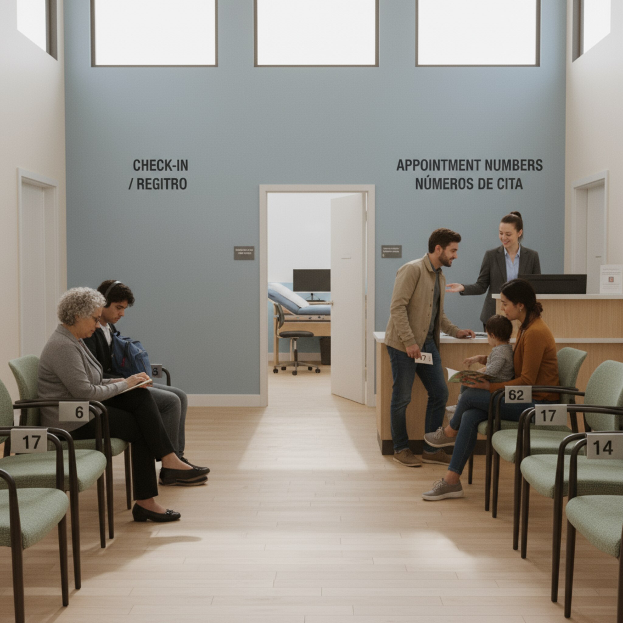 Ein ruhiger Wartebereich mit nummerierten Stühlen und klarer Beschilderung. Eine Mitarbeiterin spricht freundlich mit einer Person am Empfangstresen, im Hintergrund öffnet sich eine Tür zum Behandlungsraum. Die Szene wirkt geordnet und gelassen, als ob Termine taktvoll nacheinander stattfinden.