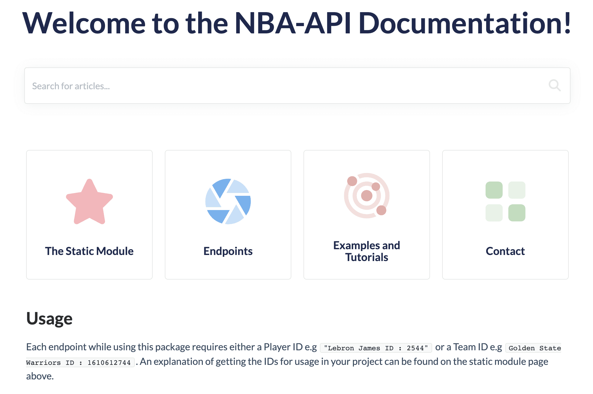 A screenshot of the NBA-API knowledge base that was built with KnowledgeOwl.