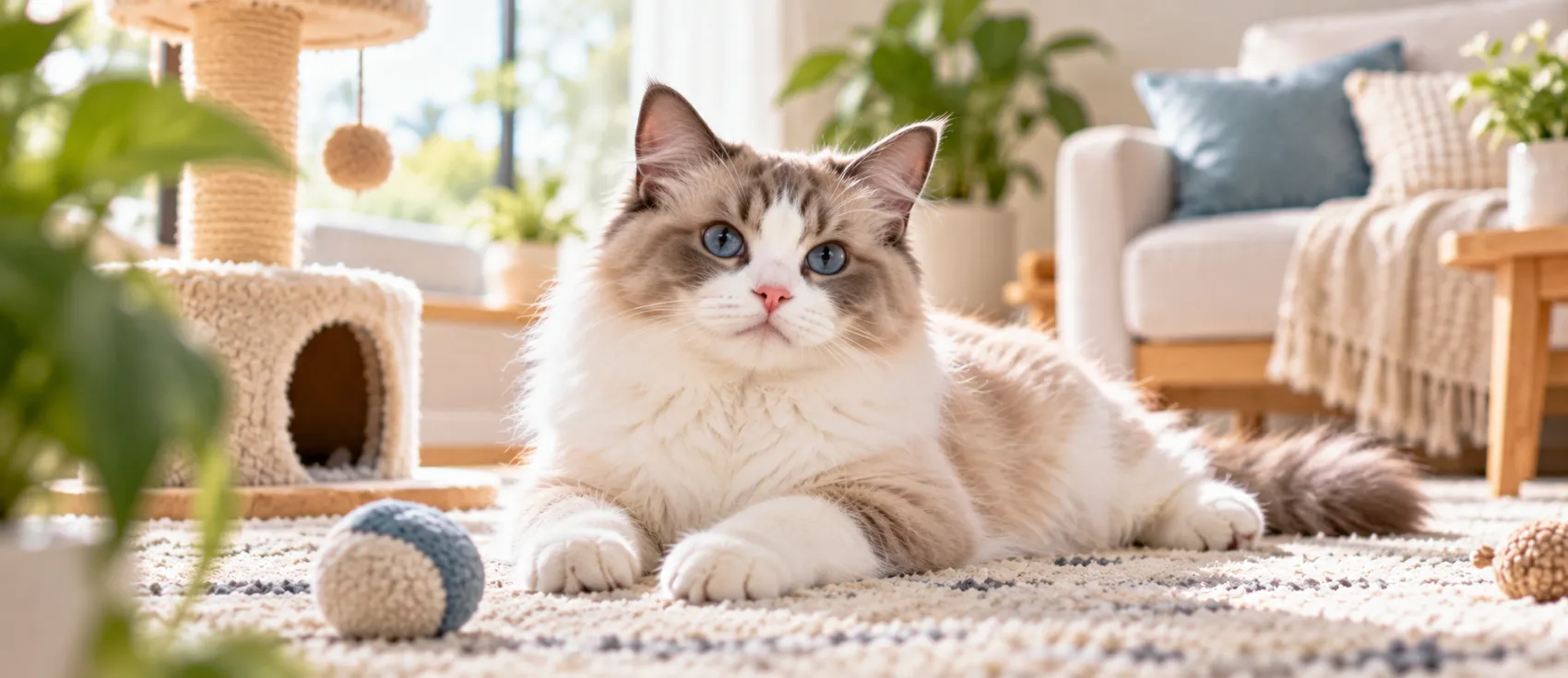 Ragdoll cat lying on a rug in a living room.