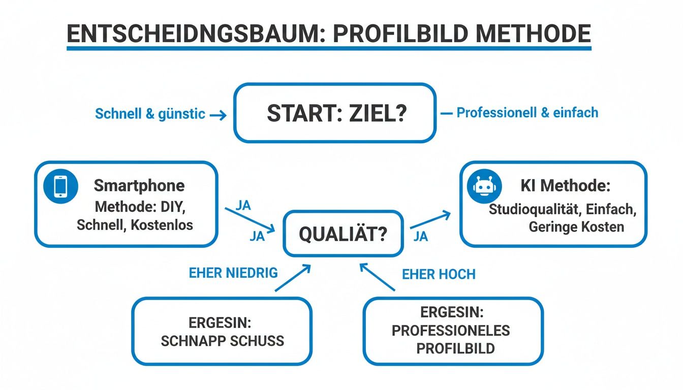 Entscheidungsbaum zur Erstellung eines Profilbilds mit verschiedenen Methoden und Qualitätsstufen.