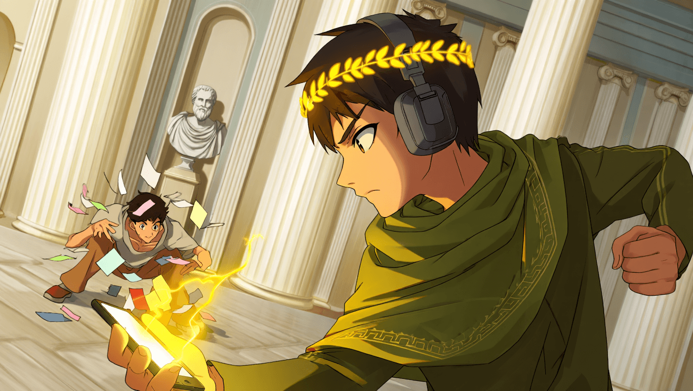 Aistote vs Quizlet: An epic anime-style duel between a stressed student with paper flashcards and a victorious Aistote hero with a glowing phone.