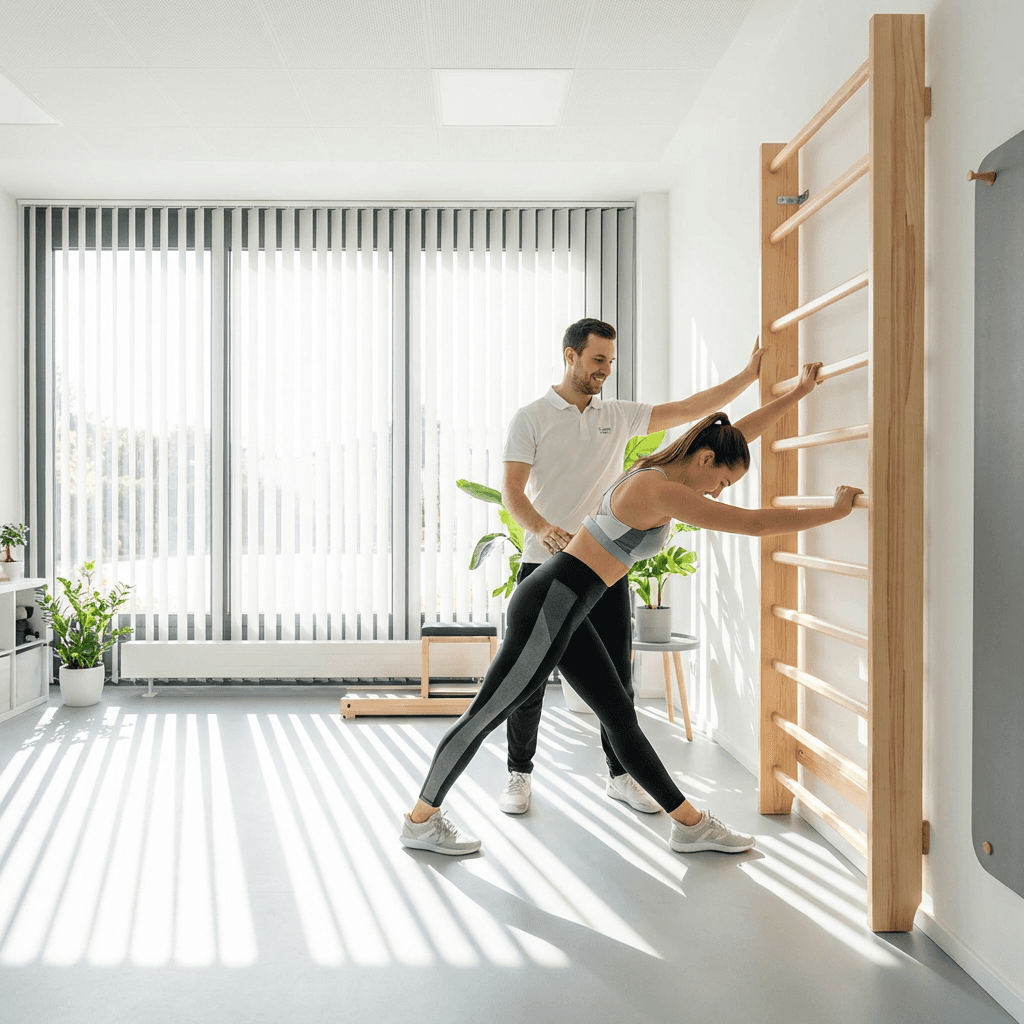 Physiotherapeut unterstützt Patientin bei Krankengymnastik an der Sprossenwand in heller Praxis