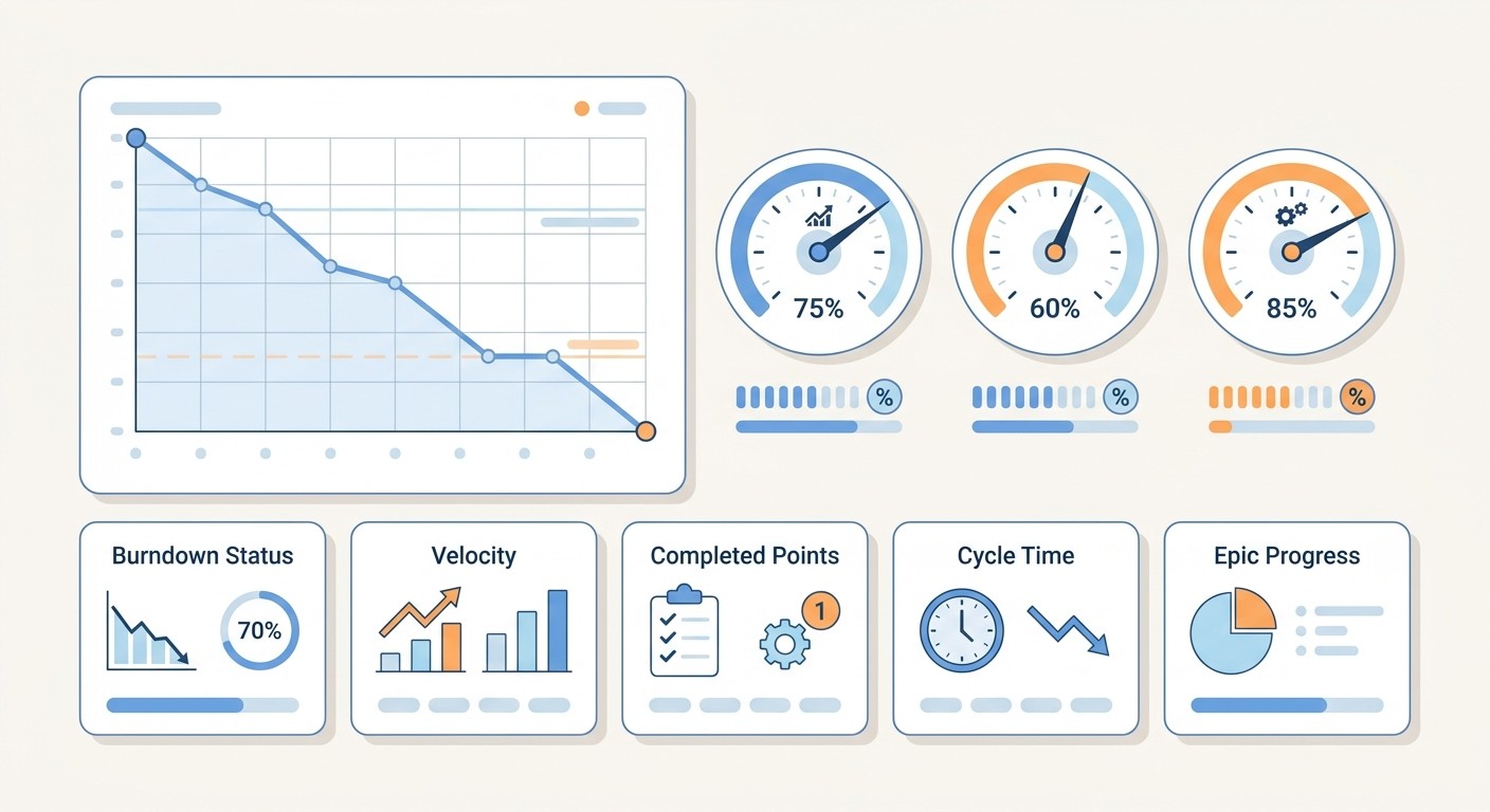Agile metrics dashboard for mobile app development showing a sprint burndown chart, velocity gauges, and KPI cards.
