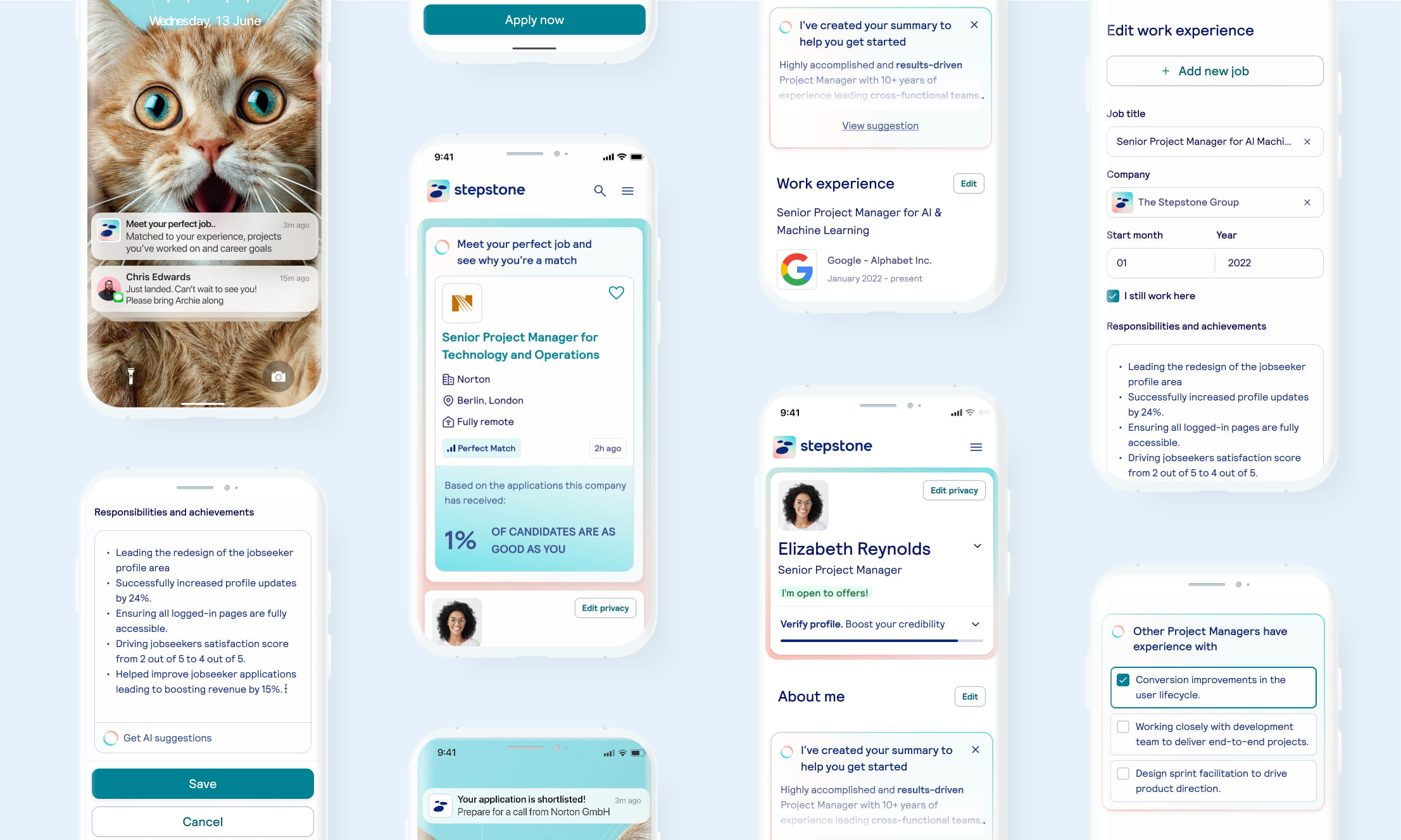 mobile with notification for a job matchleading to a tailored profile for the job with ability to edit