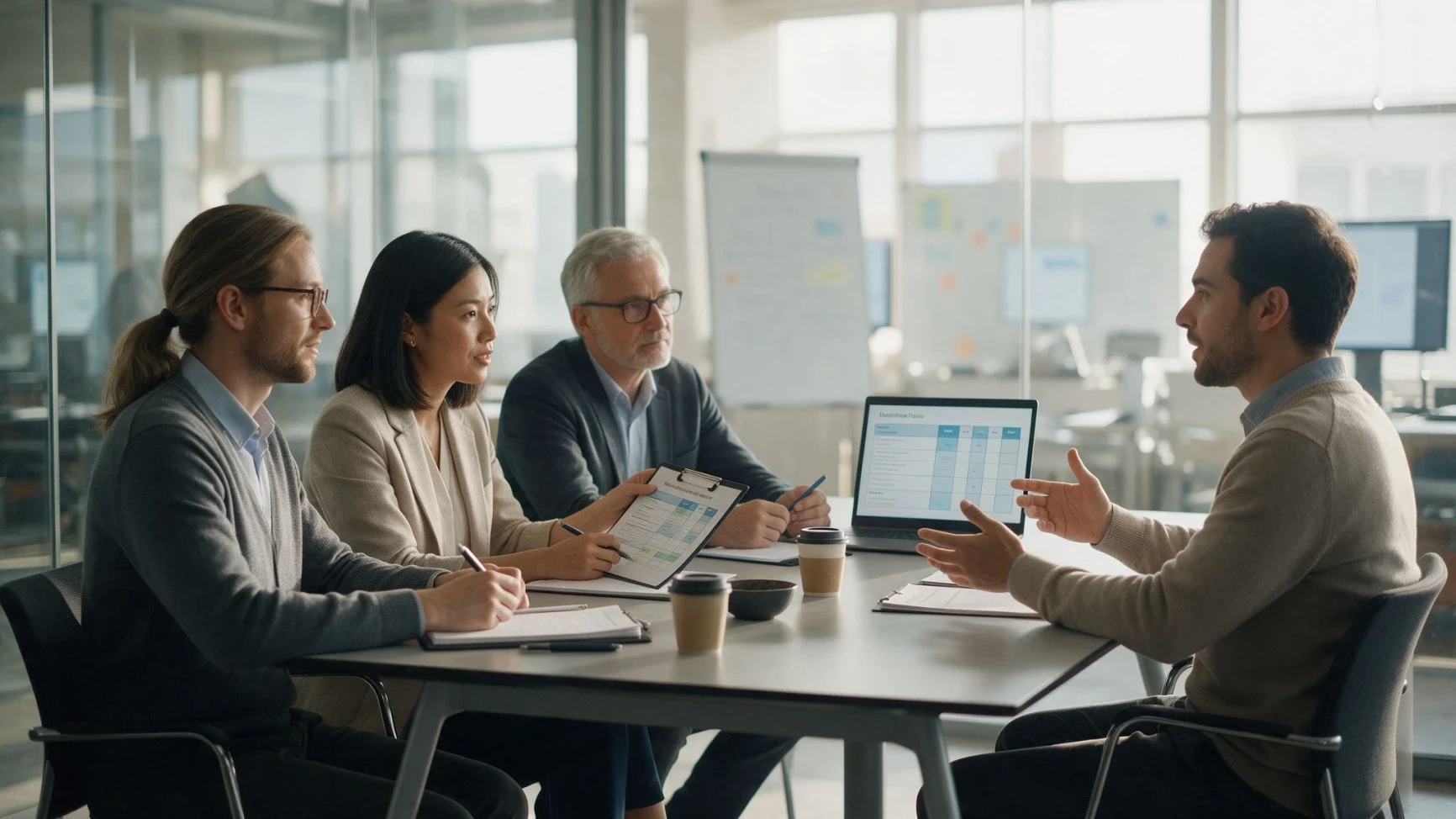 Panel interview with three interviewers evaluating a candidate using structured scorecards, reducing mis-hires in final-round technical interviews