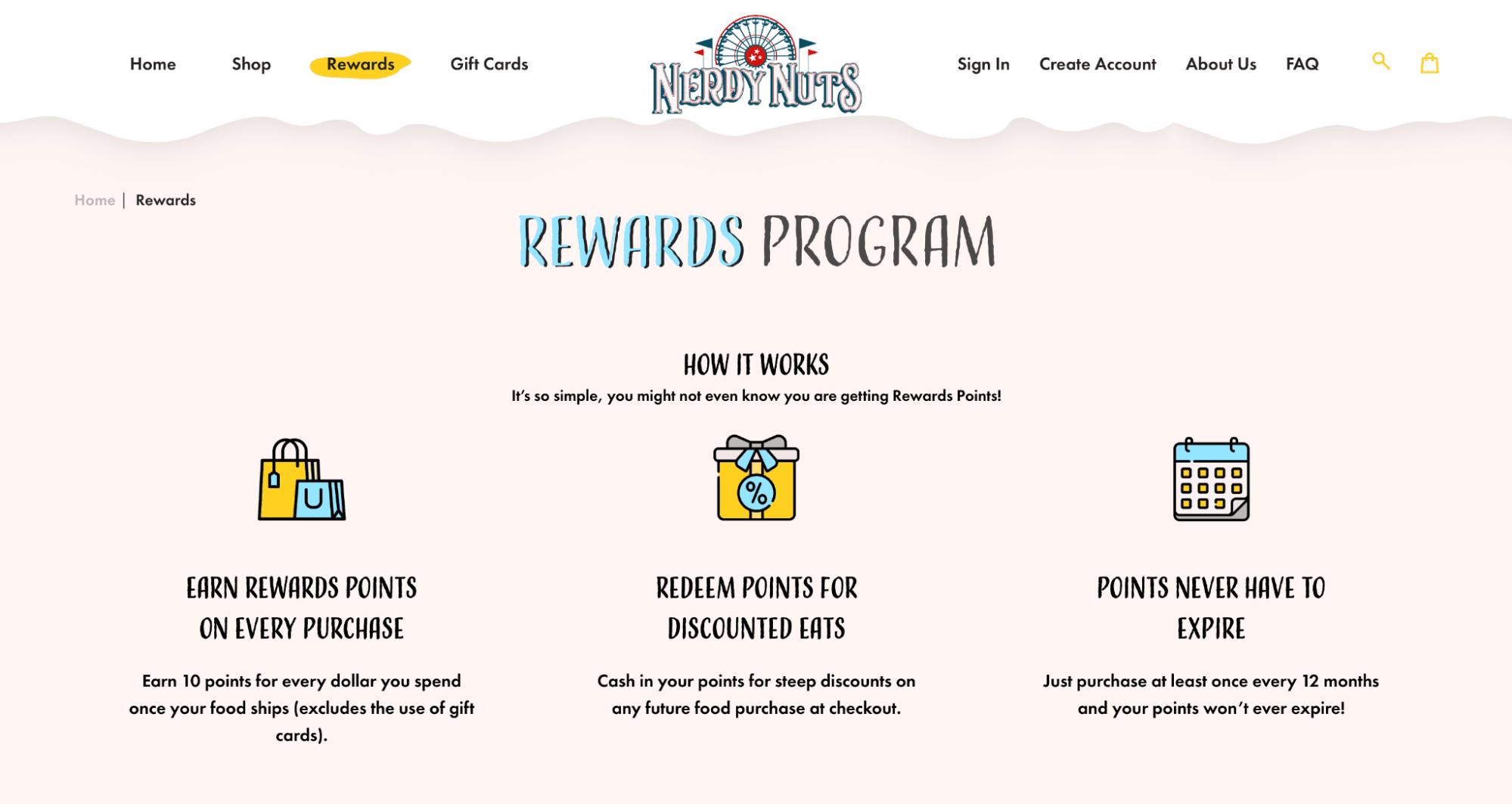 Loyalty program that allows customers to redeem rewards when they purchase through Nerdy Nuts’ website.