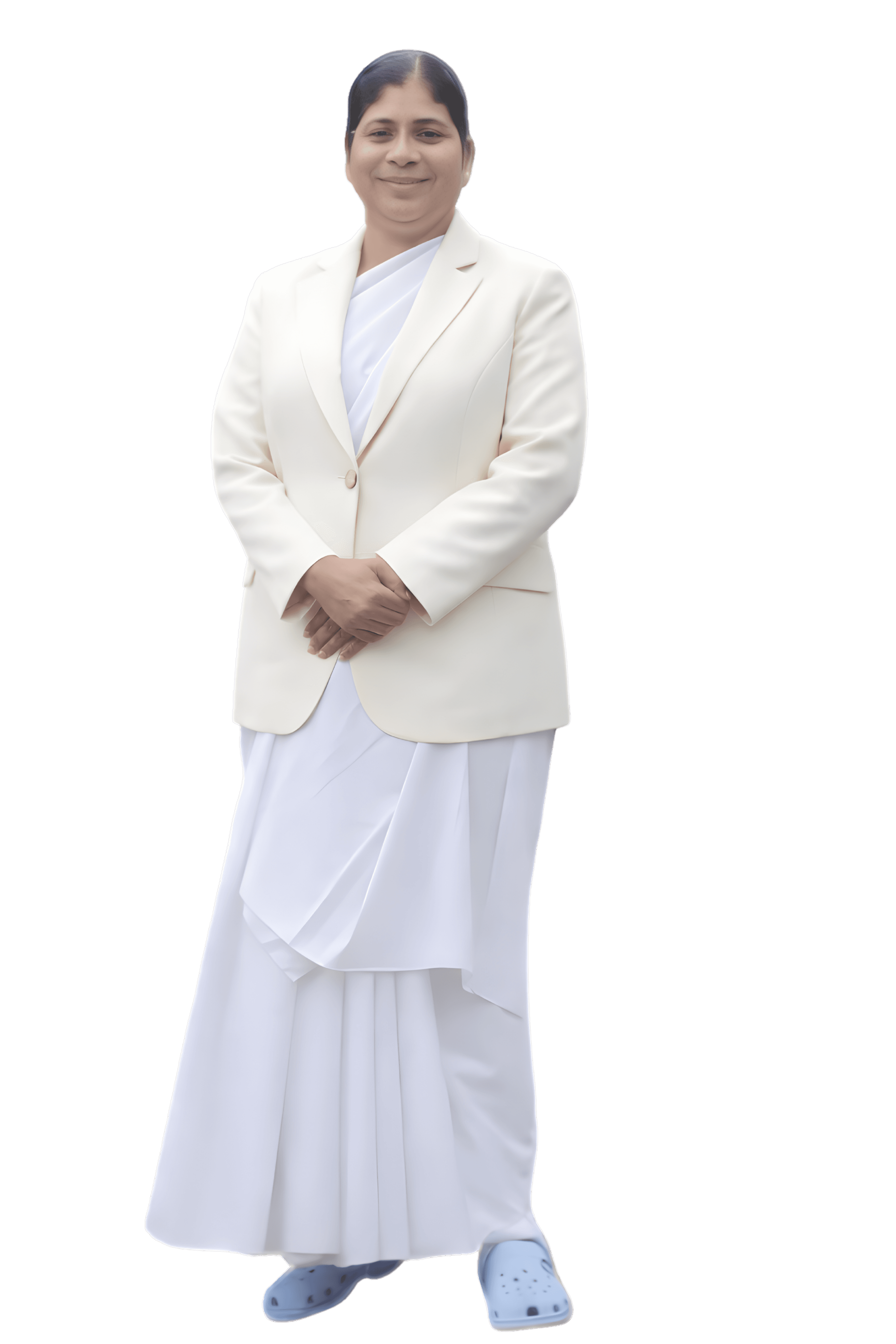 A woman sits cross-legged with eyes closed, wearing a white blouse and a long purple skirt, looking serene.