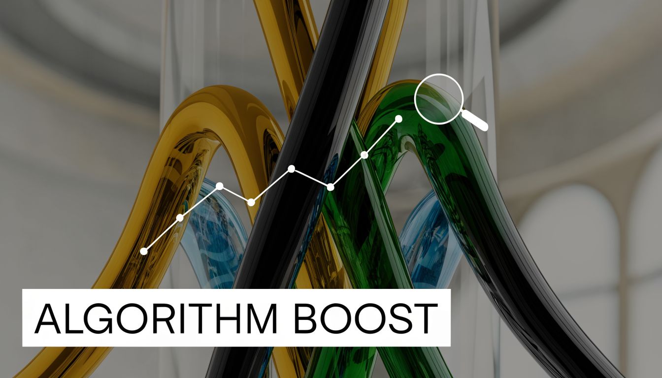 A digital graphic featuring a rising line graph and magnifying glass icon over abstract colored curved pipes.