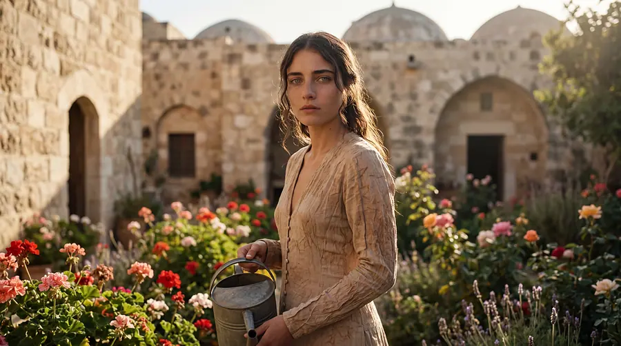 A young woman with a watering can in a walled garden of flowers