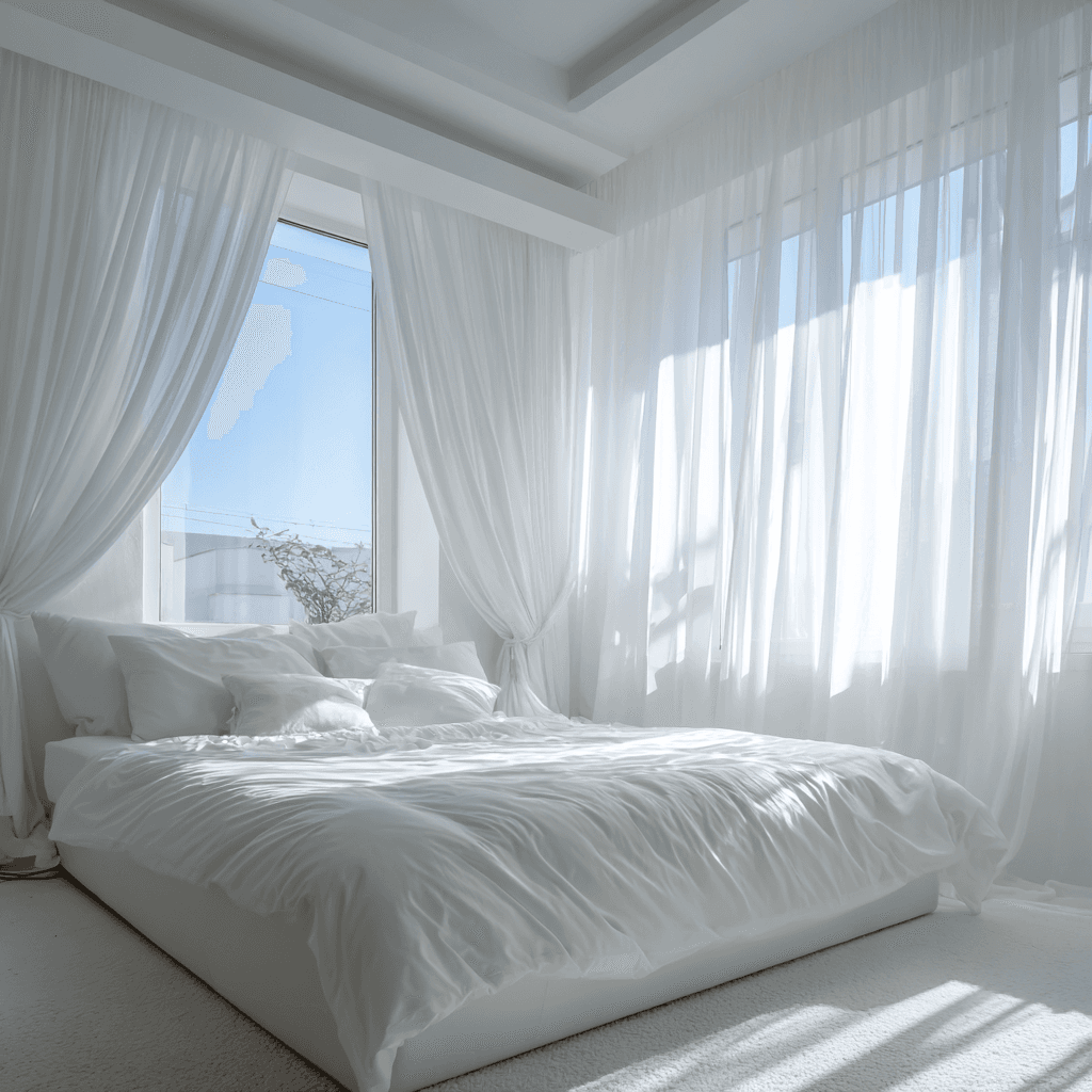 A bright white bedroom featuring a bed, a window, and flowing white curtains.