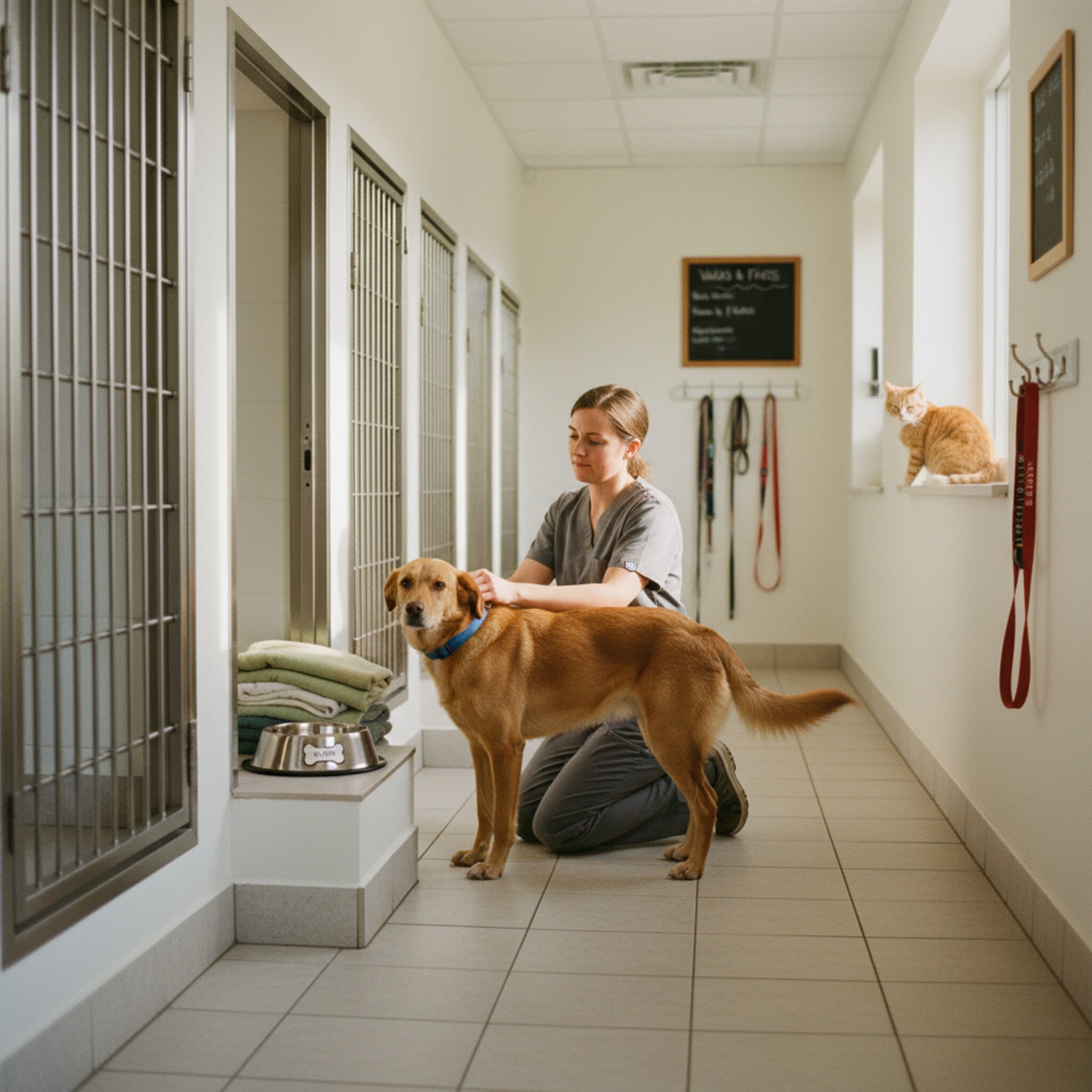 Warmes Morgenlicht fällt in einen aufgeräumten Zwingerflur, während eine Mitarbeiterin in die Hocke geht und einem fröhlichen Hund das Halsband schließt. Eine Edelstahlschüssel mit Namensschild steht neben ordentlich gefalteten Decken bereit. Im Hintergrund streckt sich eine Katze auf der Fensterbank und blinzelt in die Sonne. Die Szene wirkt ruhig, sauber und gut organisiert.