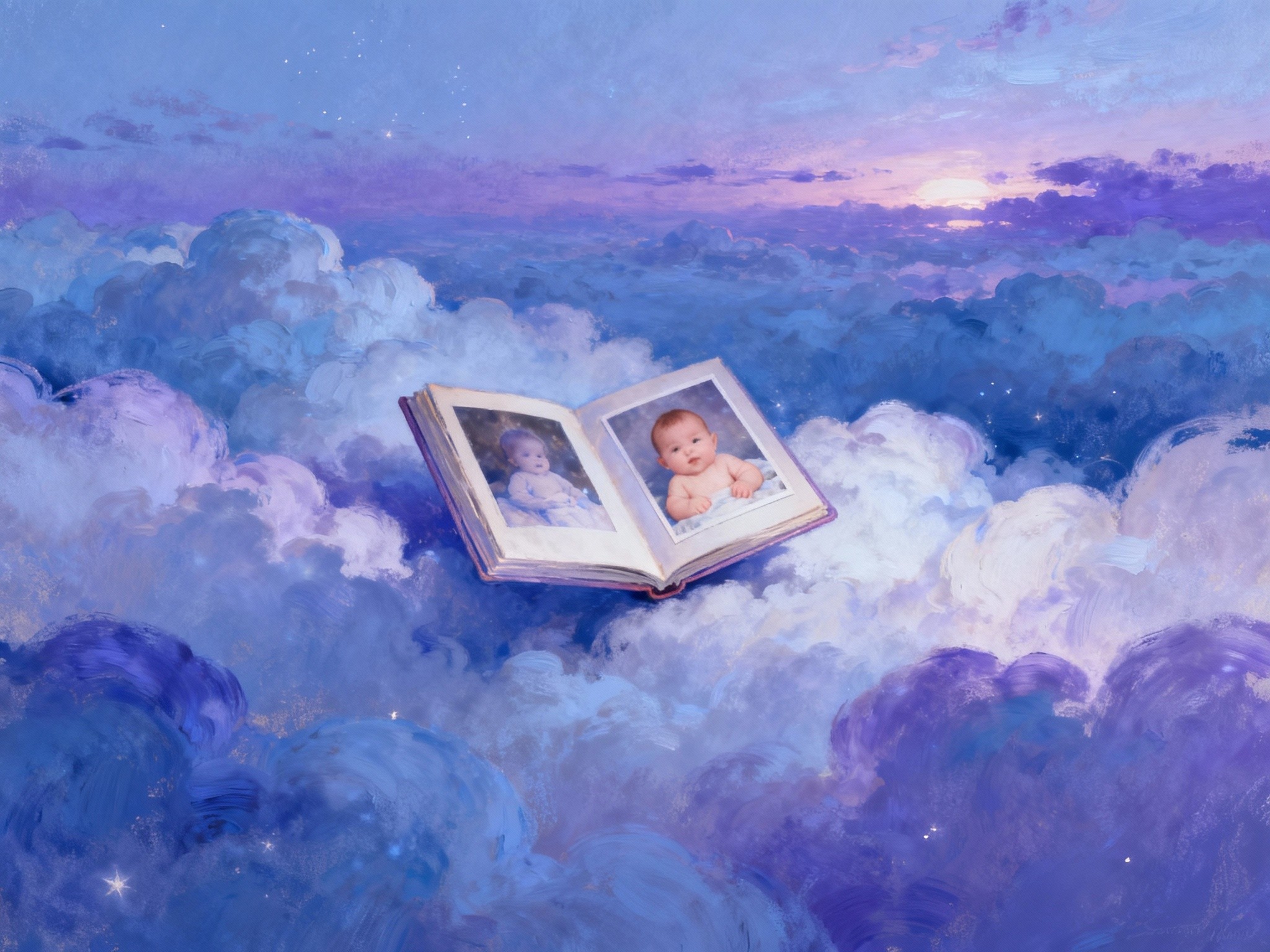 A fine-art illustrated composition depicting a whimsical, dreamlike scene of a baby's photo album
