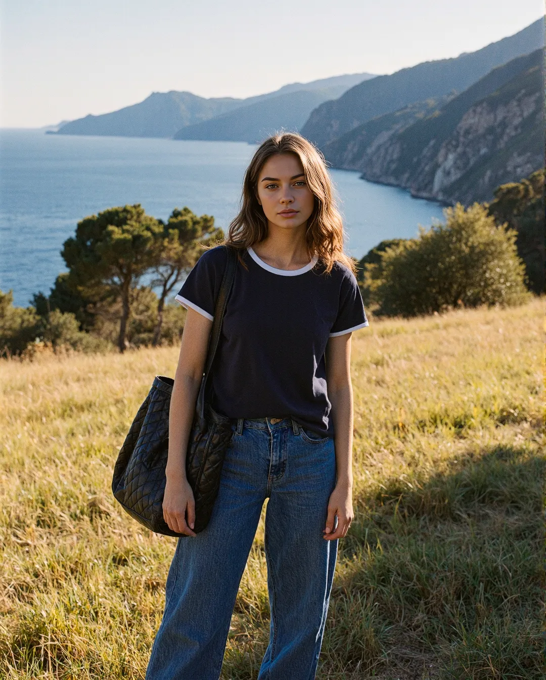 A person in casual attire stands on golden grassland overlooking dramatic coastal cliffs and azure waters in warm afternoon light.