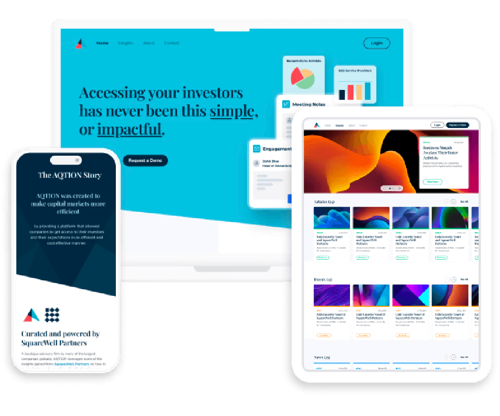 A smartphone and two screens displaying colorful designs and web interfaces on a blue background.