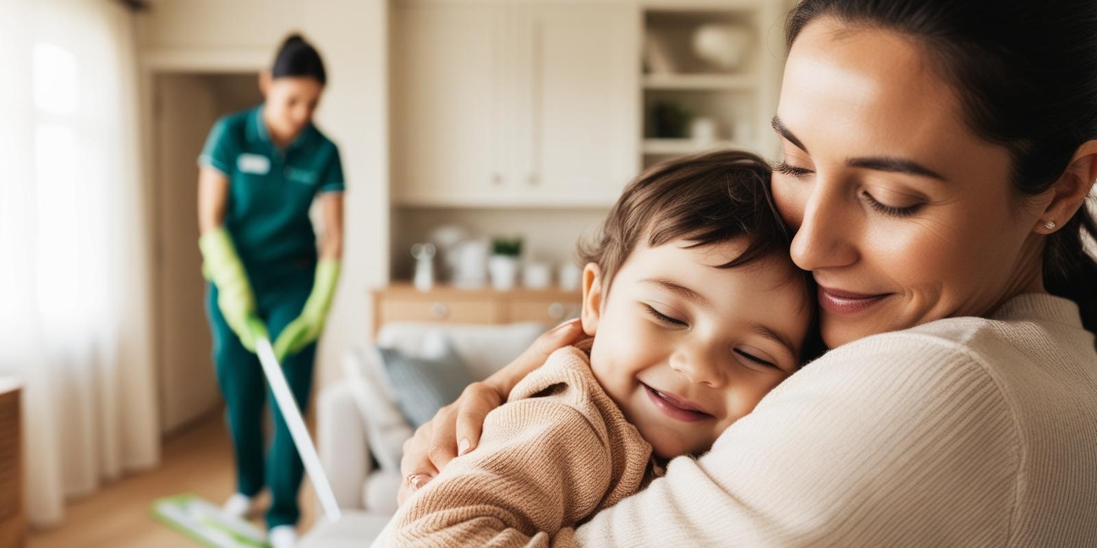 A caregiver hugging her child in a clean, eco-friendly home after switching to green cleaning services.