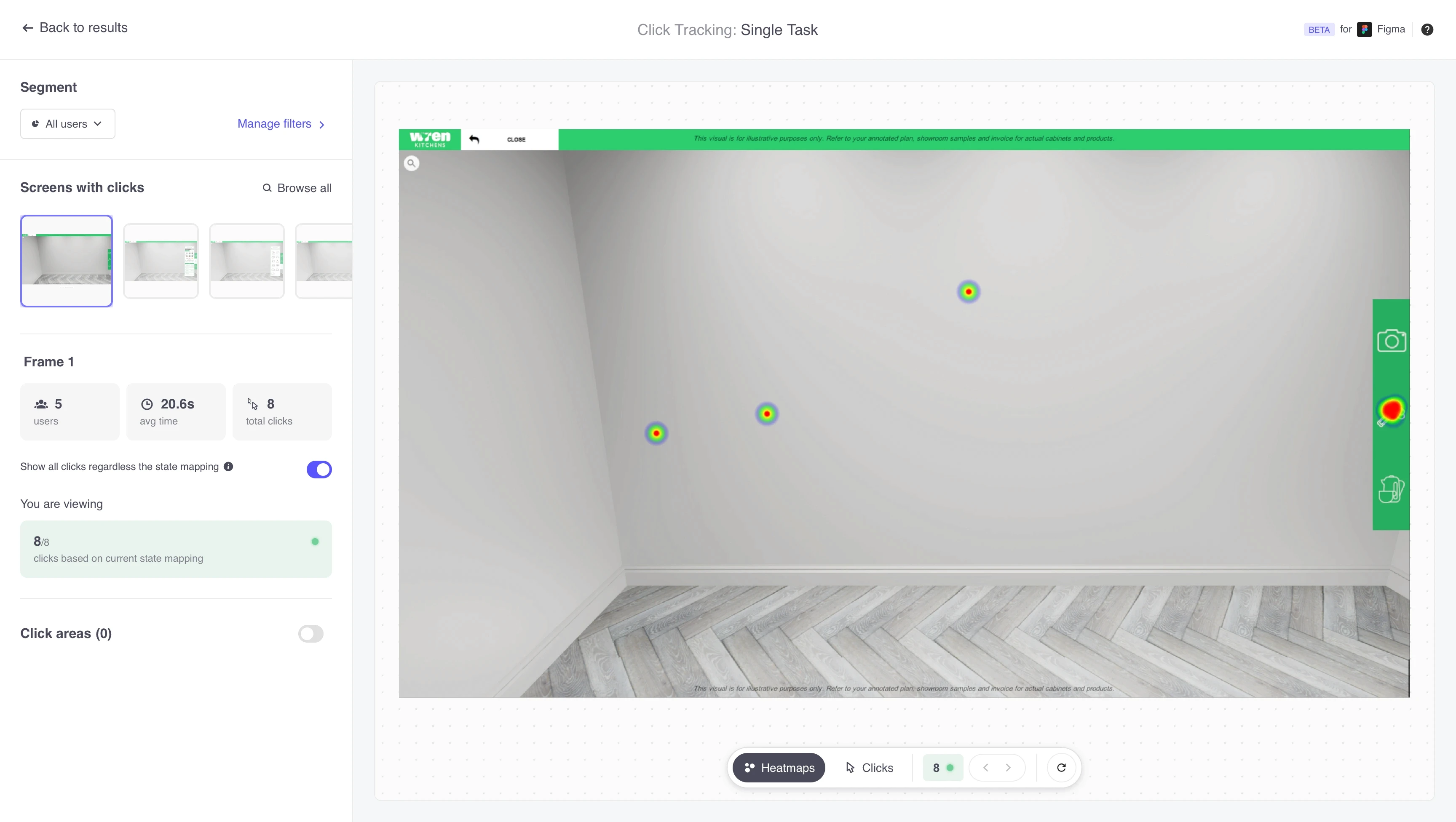 Click tracking heatmap interface displaying user interaction points on a 3D kitchen planning tool.
